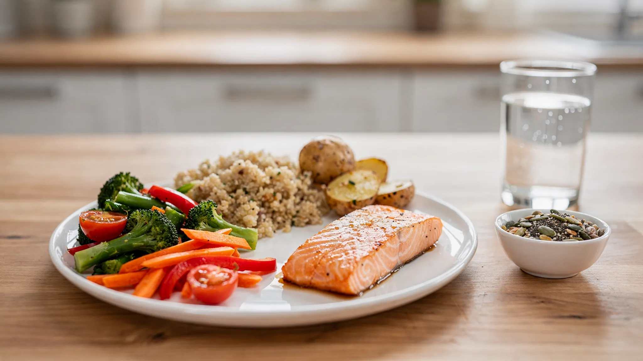 A bright, inviting kitchen table set for a balanced meal: a plate divided into colourful vegetables, a protein source (such as salmon or tofu), and fibre-rich carbs (such as quinoa or new potatoes), with a small bowl of mixed seeds and a glass of water nearby.