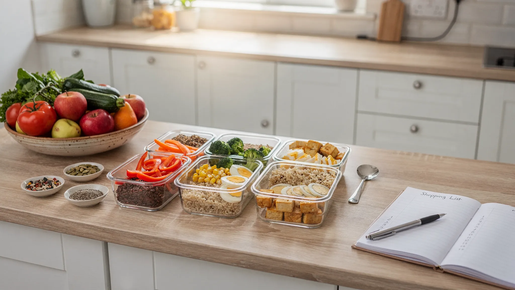 A bright UK home kitchen counter with simple meal-prep containers: chopped colourful vegetables, cooked grains, a protein option (eggs or tofu), mixed seeds, and a shopping list notebook. Fresh seasonal produce is visible in a bowl, giving a realistic weekday-prep feel.