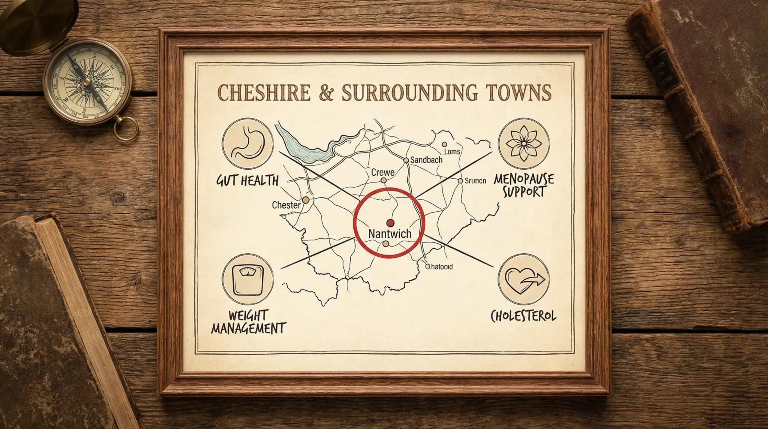 A Cheshire map-style illustration highlighting Nantwich and nearby towns, with icons representing key health goals like gut health, menopause support, weight management, and cholesterol.