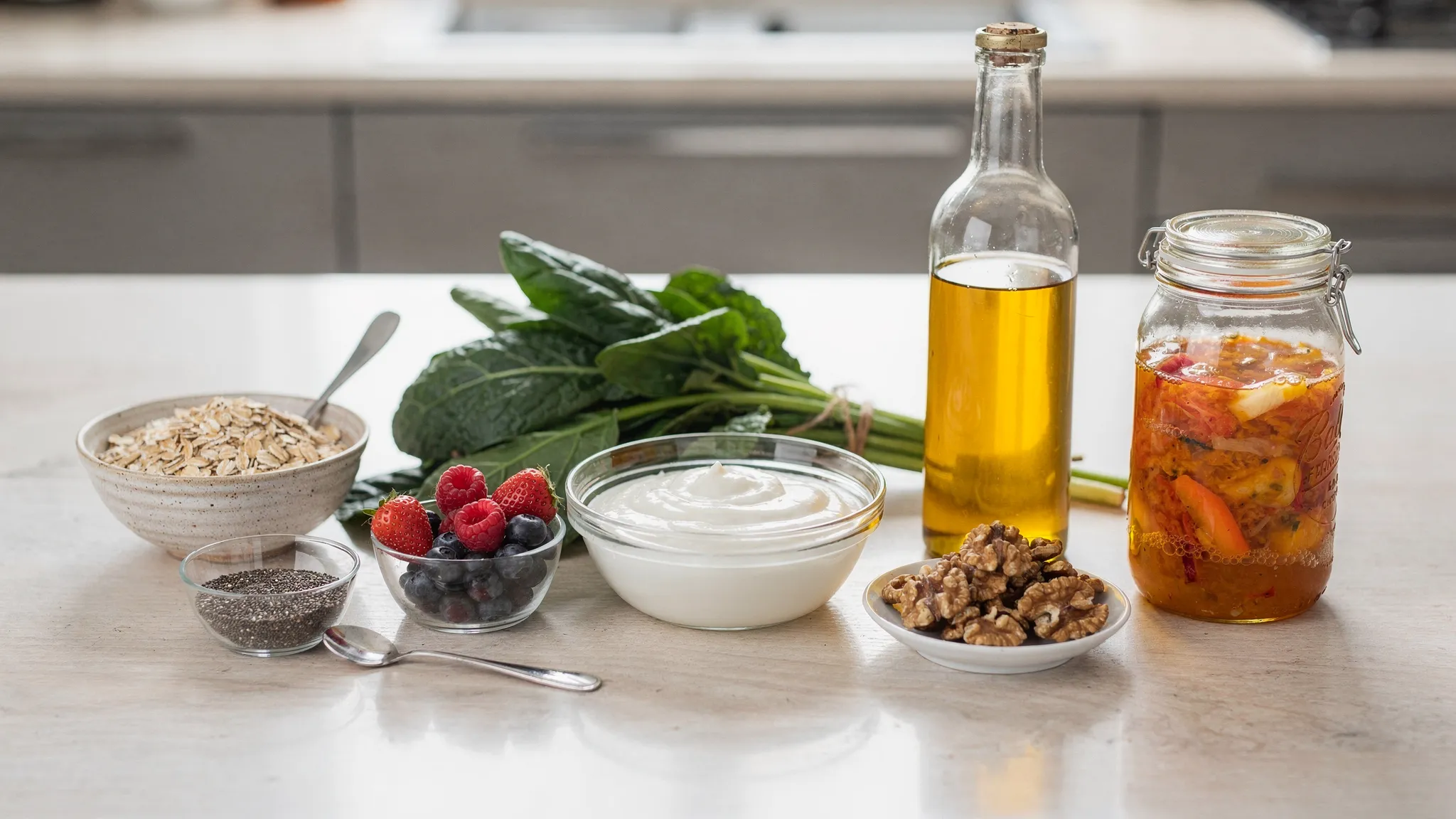 A kitchen countertop with gut-friendly foods laid out: oats, chia seeds, yoghurt or kefir, berries, leafy greens, olive oil, walnuts, and a jar of fermented vegetables.