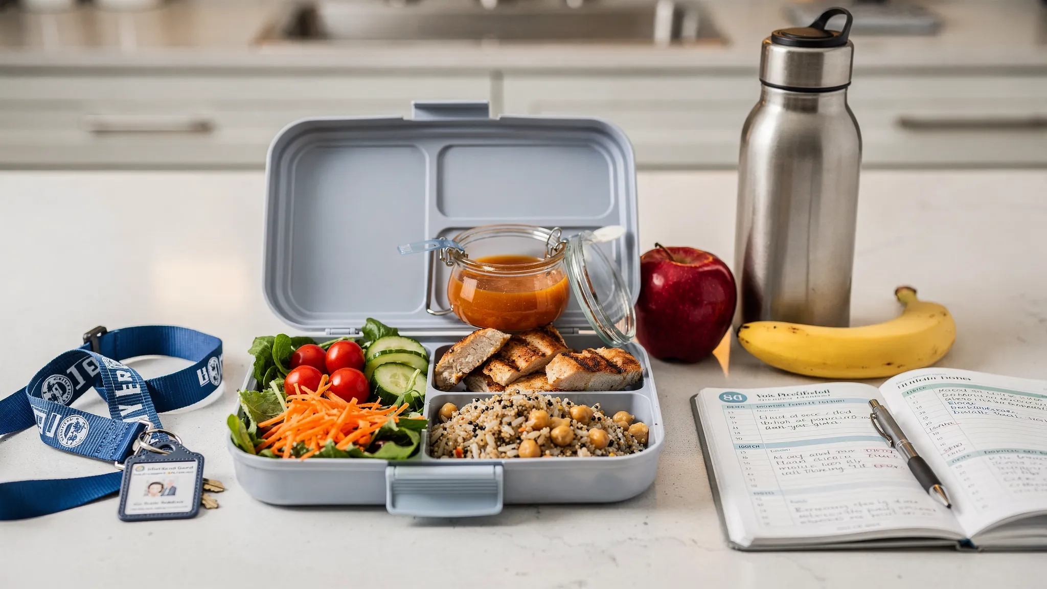 A practical teacher’s lunch setup on a kitchen counter: a reusable lunchbox with compartments filled with colourful salad, cooked grains and protein, a small pot of dressing, a piece of fruit, and a reusable water bottle, with a school lanyard and planner nearby.