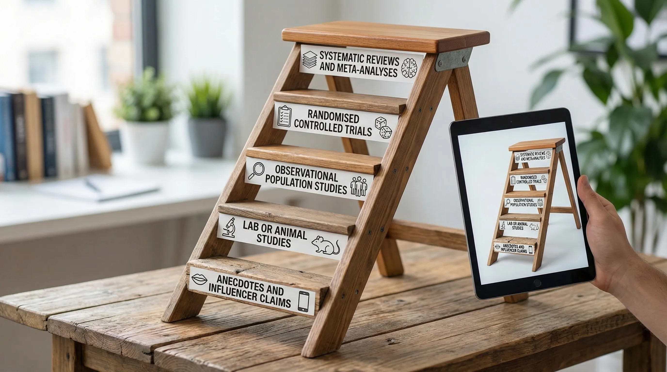 A simple evidence ladder infographic showing five steps from lowest to highest confidence: Anecdotes and influencer claims, Lab or animal studies, Observational population studies, Randomised controlled trials, Systematic reviews and meta-analyses.