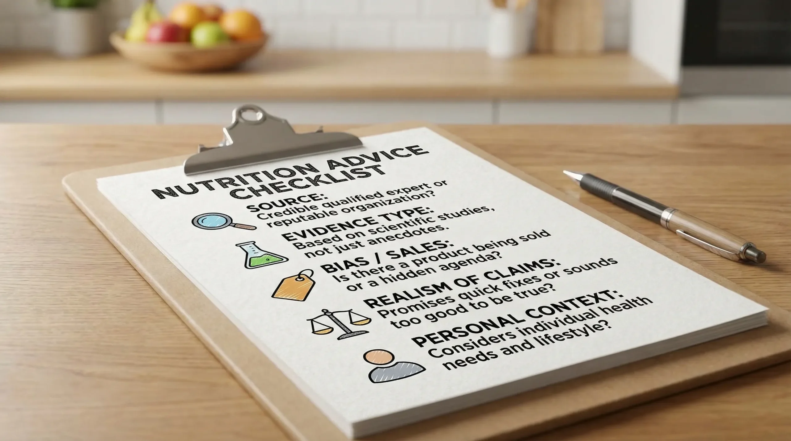 A simple infographic showing a checklist for evaluating nutrition advice: source, evidence type, bias/sales, realism of claims, and personal context.