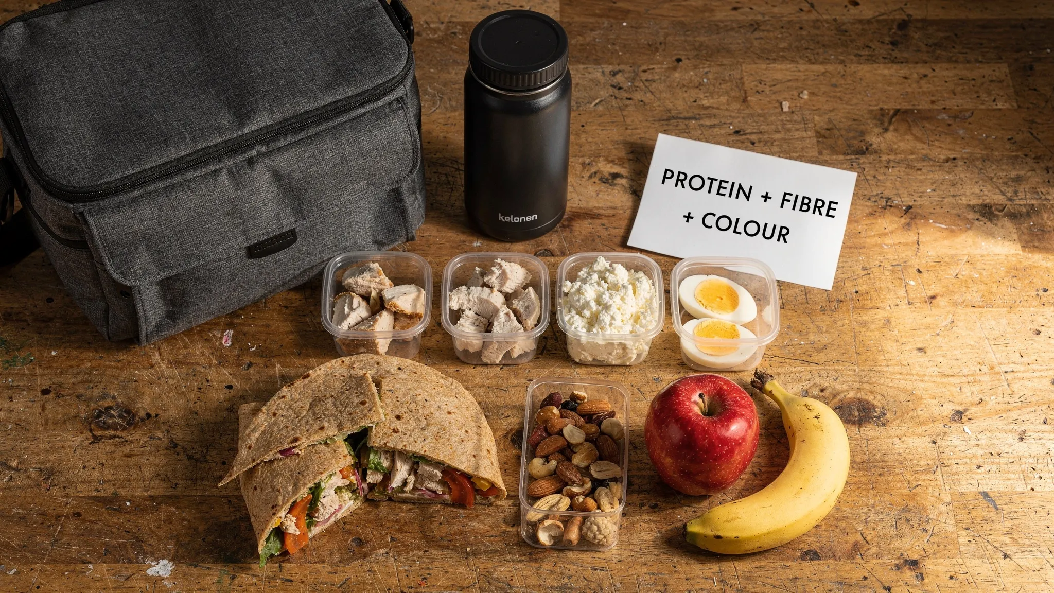 A tradesperson-style grab-and-go lunch kit laid out on a workbench: a cool bag, water bottle, protein snack pots, a wholemeal wrap, fruit, nuts, and a simple checklist card for “protein + fibre + colour”.
