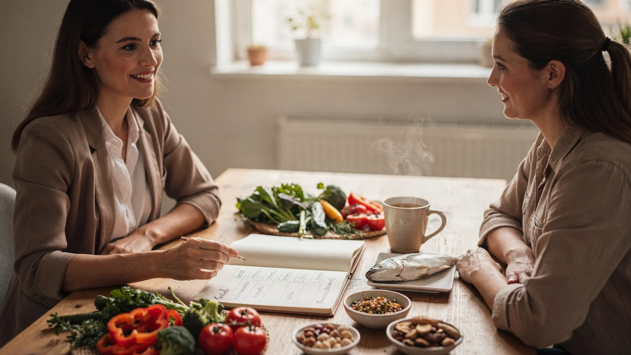 A warm, welcoming consultation setting with a nutrition professional and client at a table, with a simple notebook meal plan, colourful whole foods (vegetables, pulses, oily fish, nuts), and a mug of herbal tea.