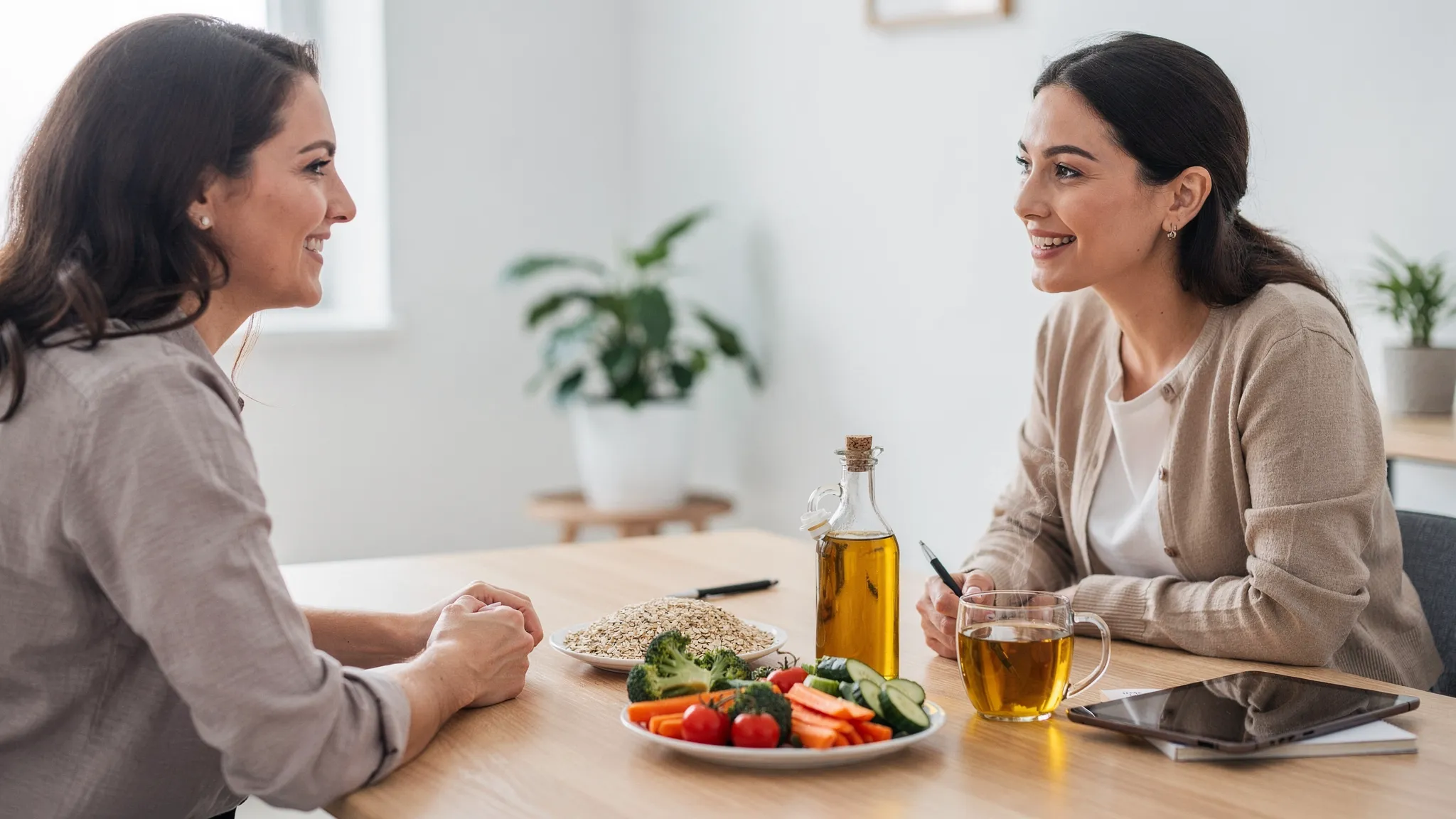 A welcoming consultation scene with a nutritionist and client chatting at a table, with simple whole foods on the table like vegetables, oats, olive oil, and herbal tea, suggesting personalised, practical nutrition support.