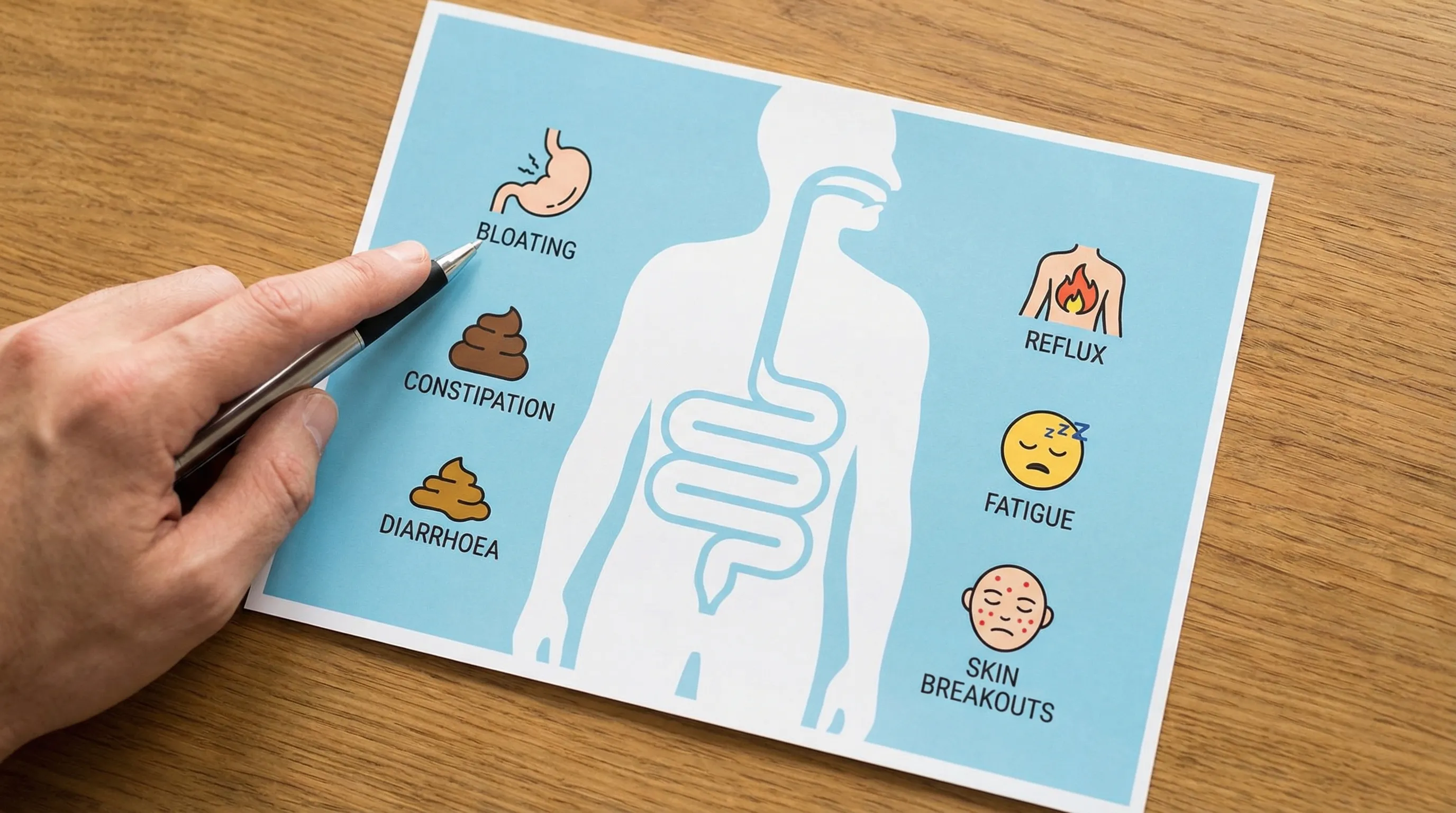 Illustration showing a simple digestive tract silhouette with small icons around it representing common gut imbalance signs like bloating, constipation, diarrhoea, reflux, fatigue, and skin breakouts.