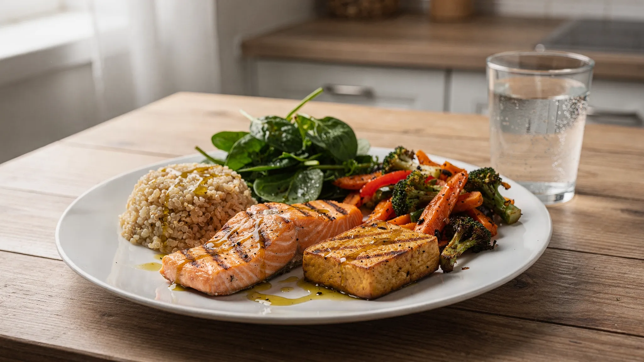 A balanced post-workout plate on a kitchen table featuring salmon (or tofu), quinoa, roasted vegetables, leafy greens, olive oil dressing, and a glass of water.