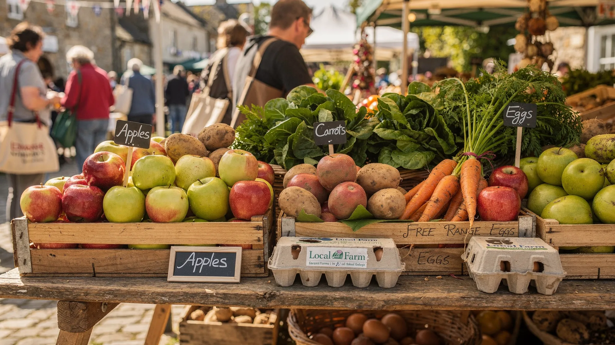 A bright Cheshire-style farmers market stall with seasonal UK produce like apples, leafy greens, carrots, potatoes and local eggs arranged in crates, with shoppers browsing in the background.