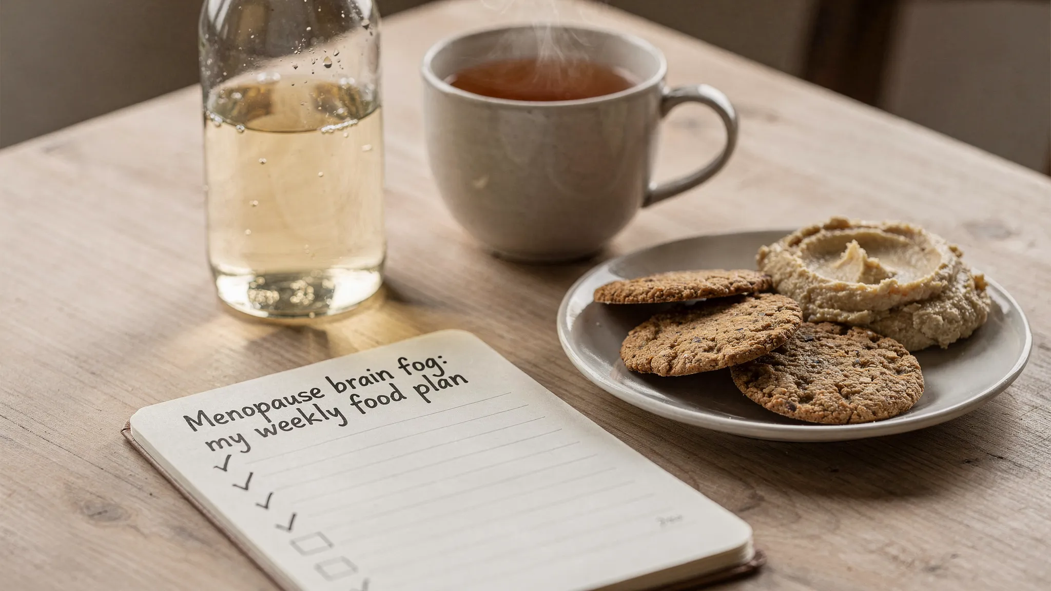 A calm, cosy kitchen table scene with a glass water bottle, herbal tea, a small plate of oatcakes with hummus, and a notepad titled “Menopause brain fog: my weekly food plan” with simple tick boxes.