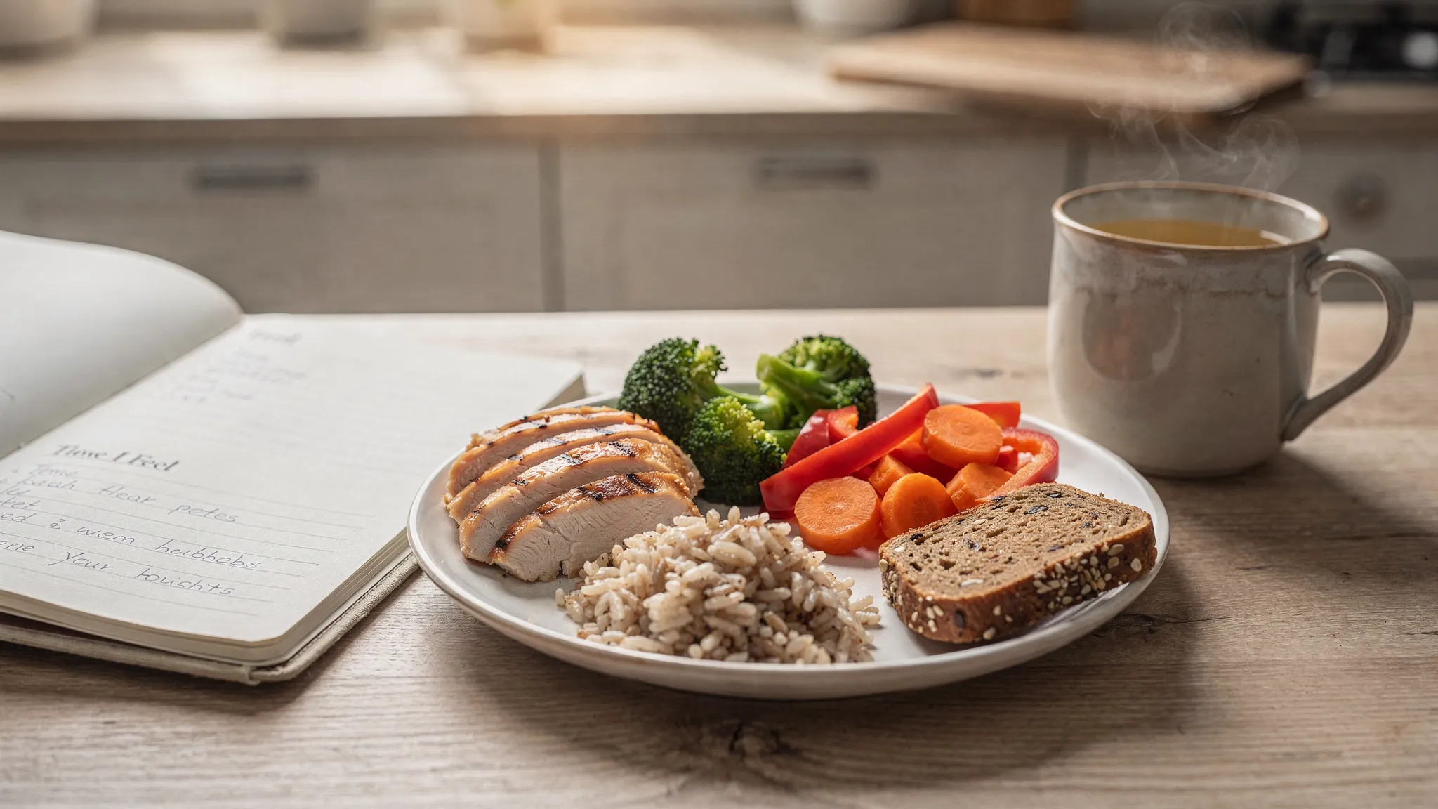 A calm kitchen table scene with a simple balanced plate (protein, colourful vegetables, wholegrain carbohydrates) beside a notebook showing a gentle food and symptom diary, with a mug of herbal tea.