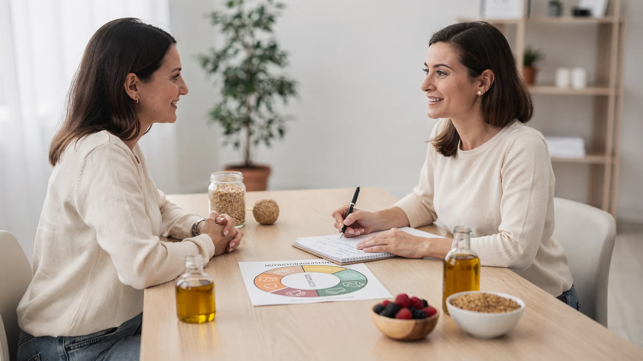 A calm, welcoming clinic-style consultation scene: a nutrition professional and a client seated at a table with a simple plate model graphic, a notepad, and a few whole foods (oats, berries, olive oil, lentils) on the table, suggesting personalised nutrition planning.