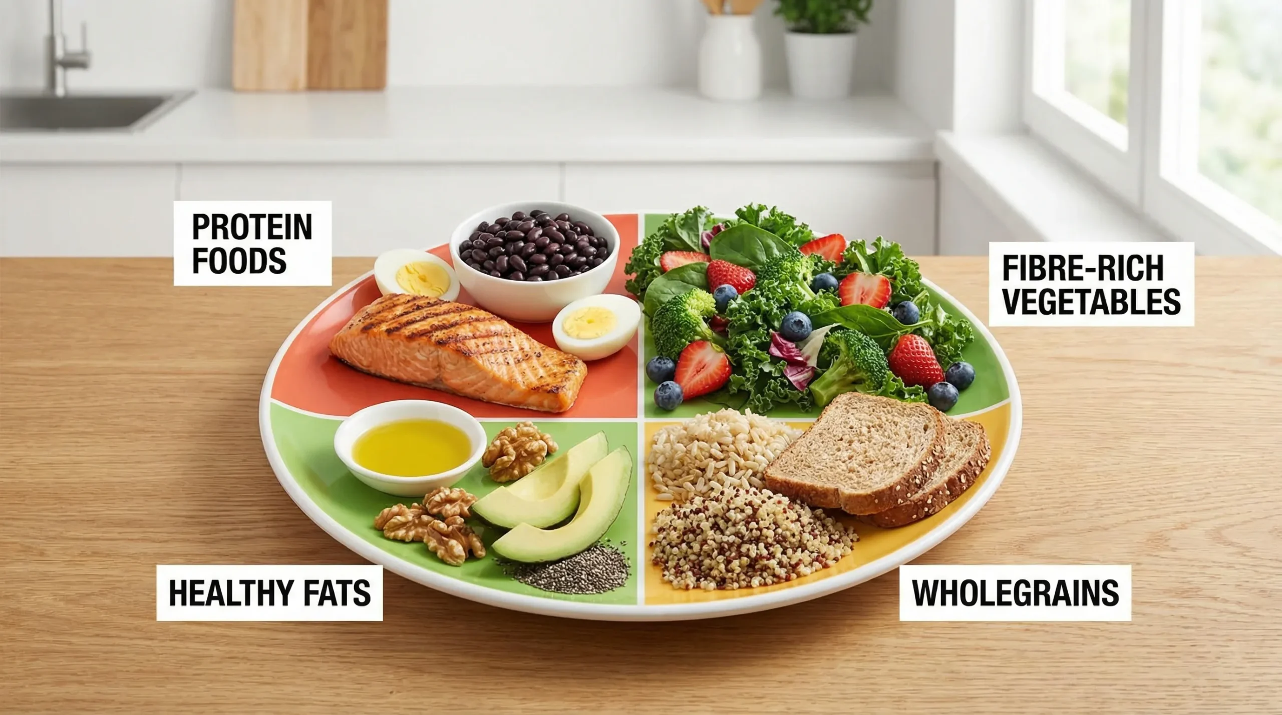 A colourful, simple “balanced plate” concept showing sections for protein foods, fibre-rich vegetables and wholegrains, plus healthy fats, with examples like salmon or beans, leafy greens, berries, brown rice, and olive oil.