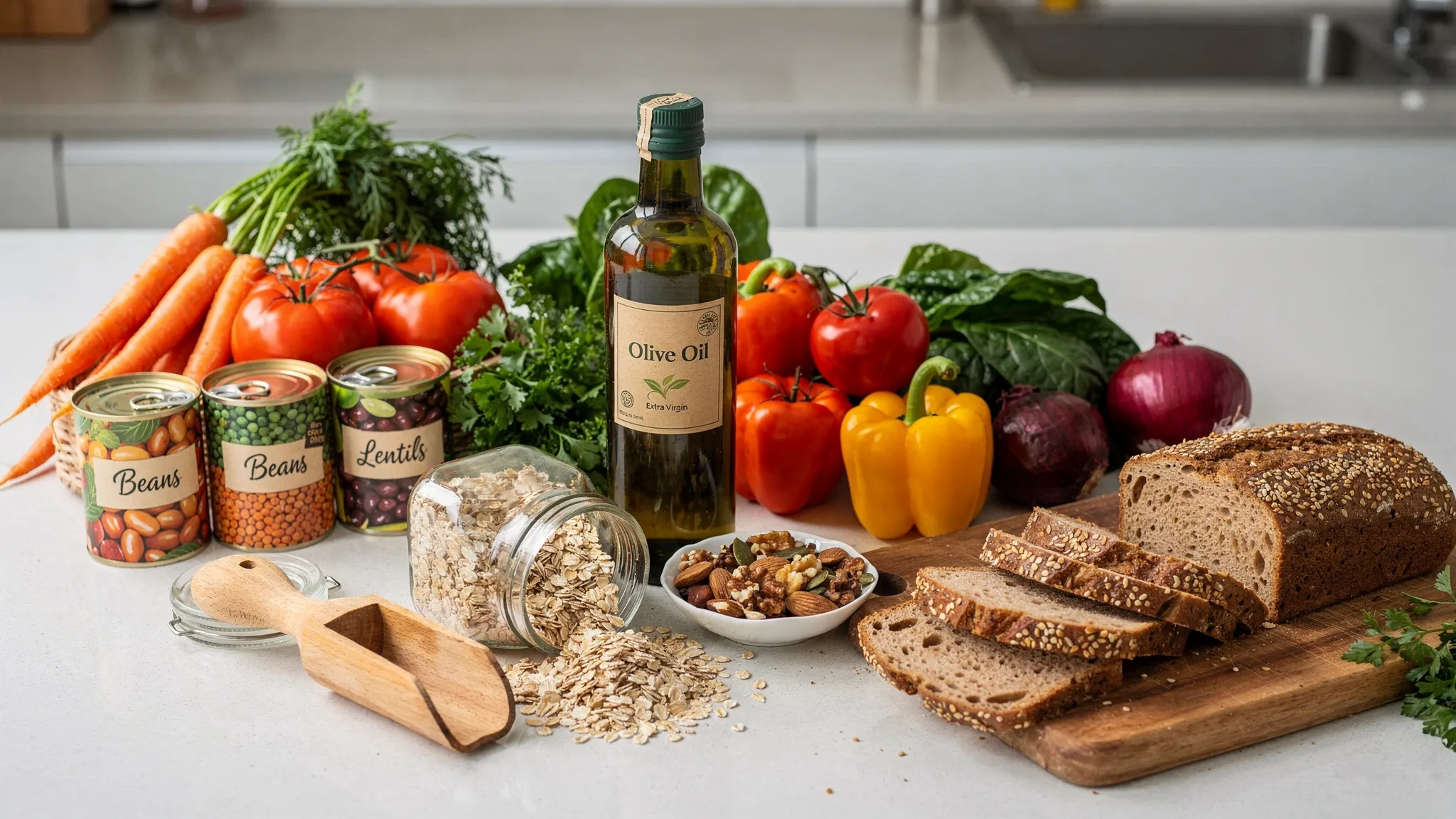 A kitchen counter with everyday foods for a cholesterol-friendly shop, including oats, tinned beans and lentils, olive oil, nuts and seeds, colourful vegetables, and a loaf of wholegrain bread, laid out in a simple, realistic way.