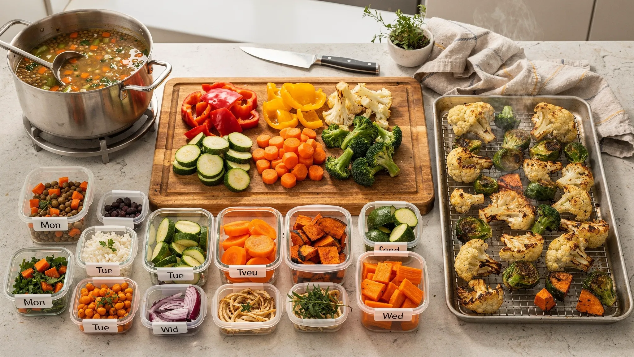 A kitchen counter with labelled meal-prep containers, a chopping board with colourful chopped vegetables, a pot of lentil soup, and a tray of roasted vegetables cooling, showing an easy batch-cooking setup for a busy week.