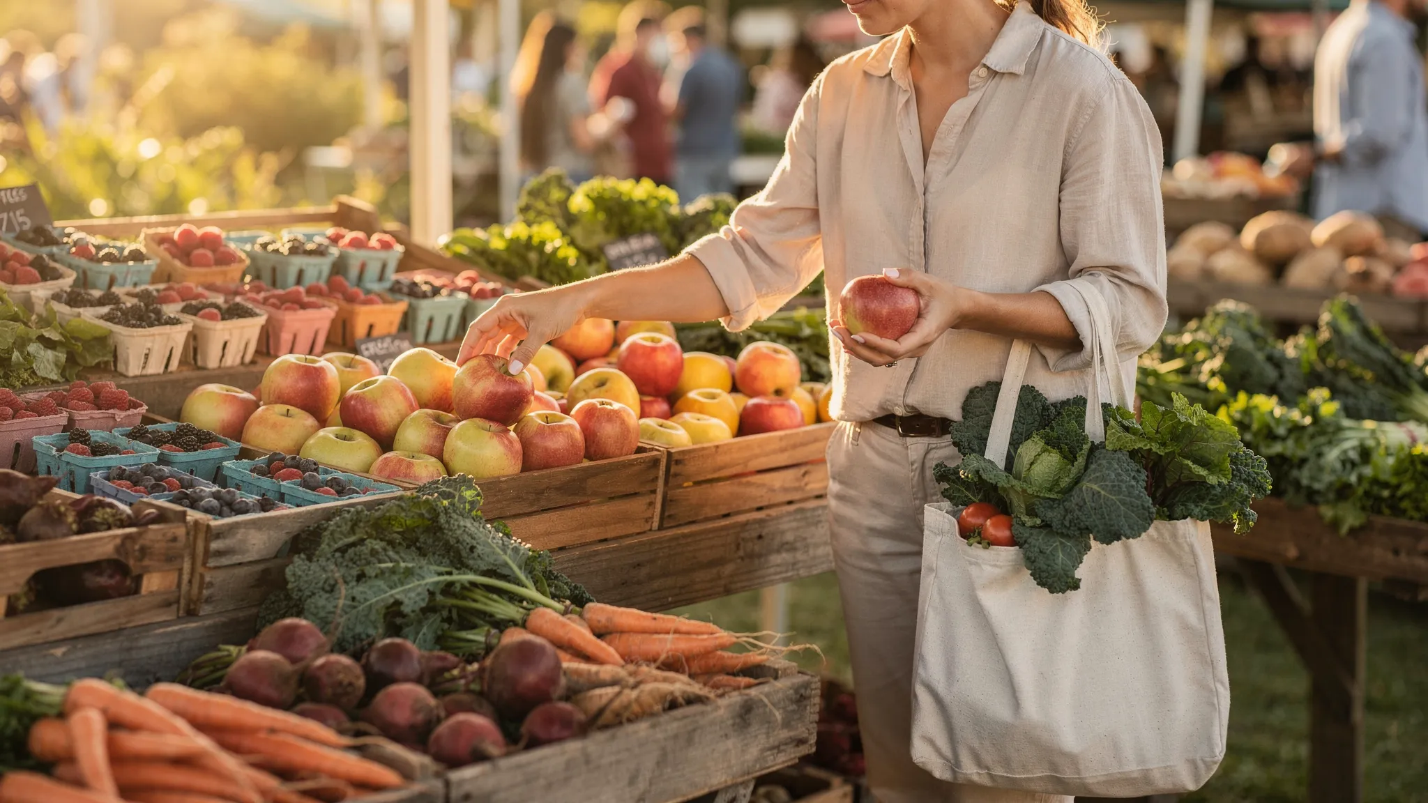 A person choosing seasonal produce at a local outdoor market stall with crates of apples, berries, leafy greens, and root vegetables. The scene feels like everyday shopping, with warm natural light and a relaxed, realistic mood.