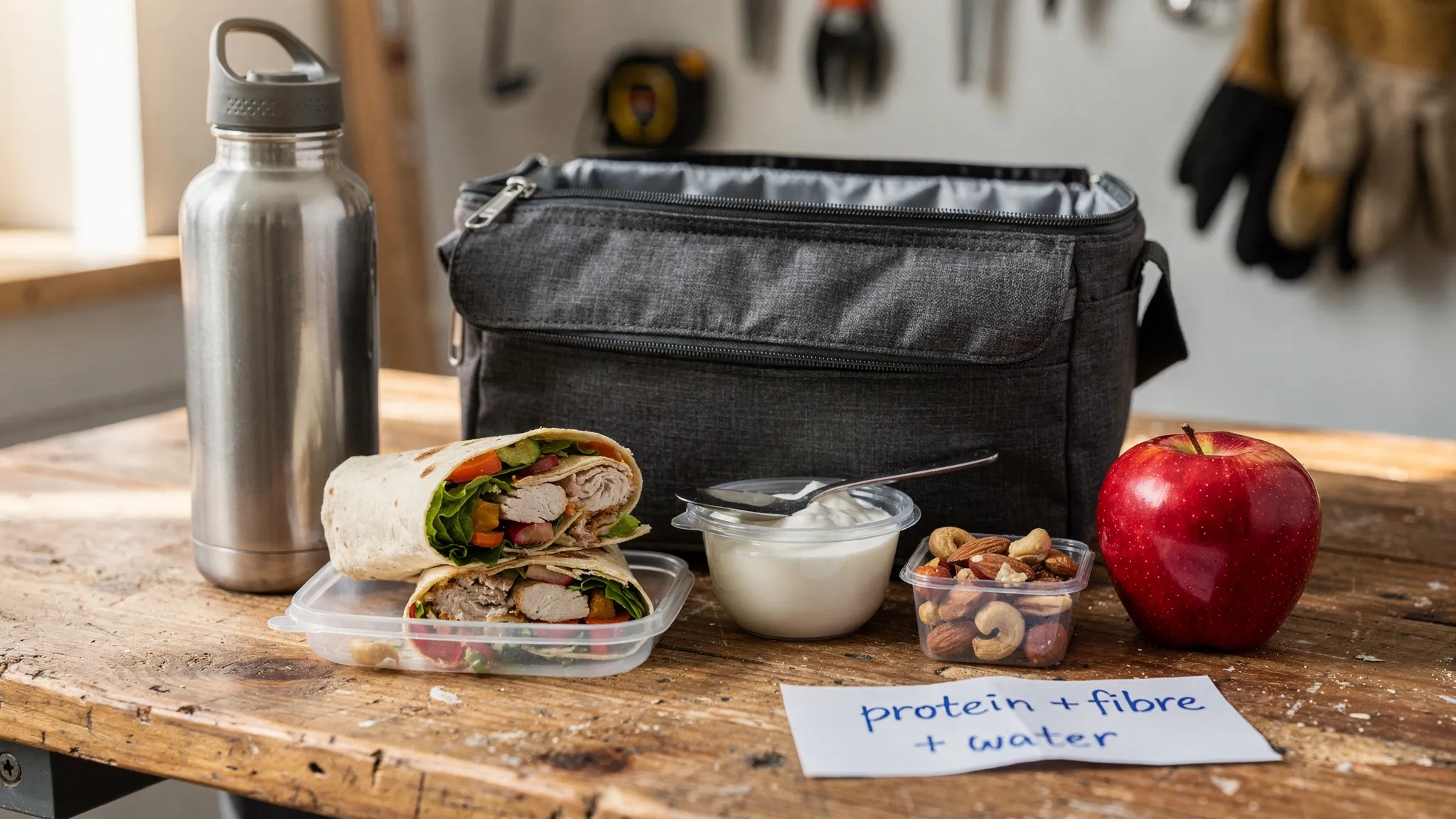 A practical packed lunch setup for a tradesperson: an insulated lunch bag on a workbench with a wrap, a tub of yoghurt, a piece of fruit, mixed nuts, a refillable water bottle, and a simple handwritten note showing “protein + fibre + water”.