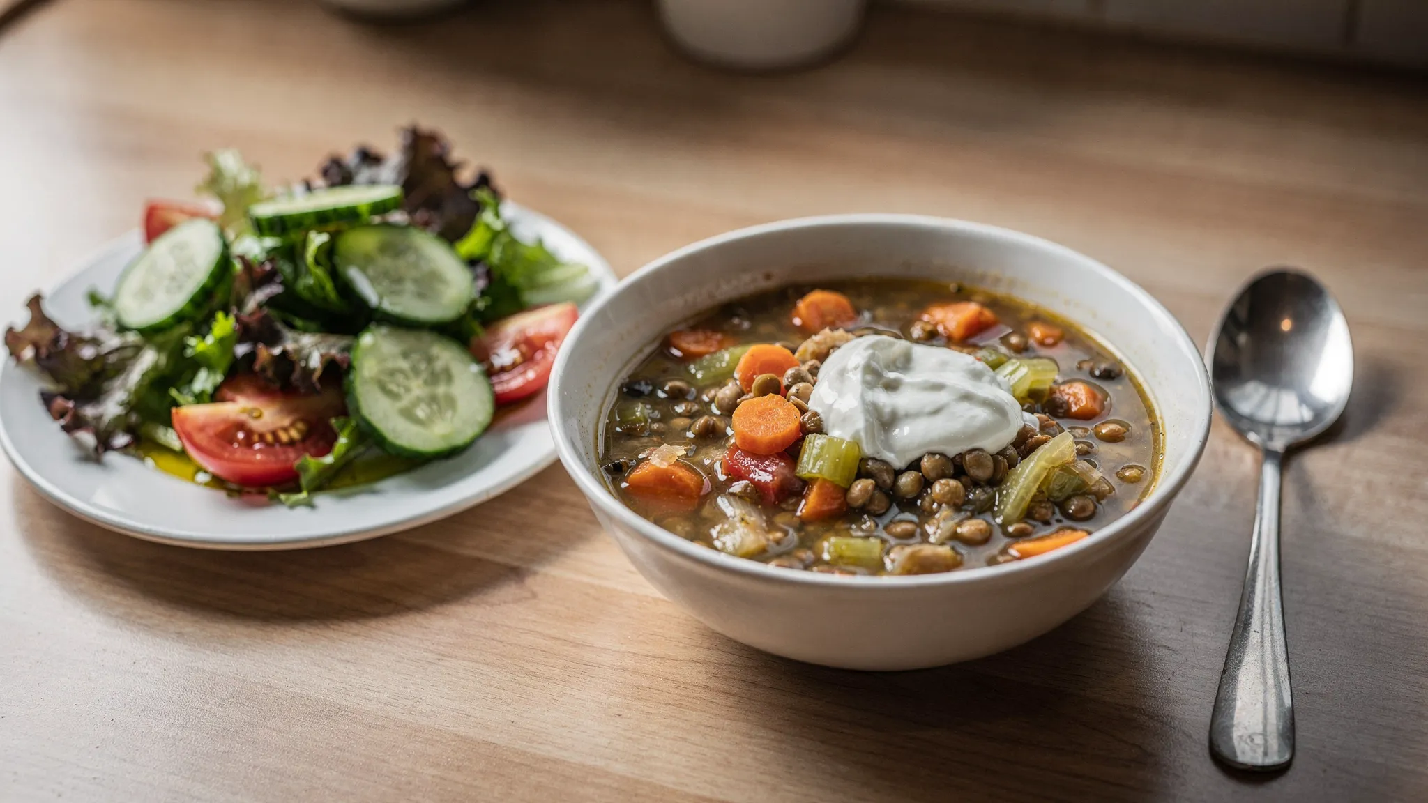 A real-life, achievable lunch plate on a kitchen table: a bowl of lentil and vegetable soup, a side salad with olive oil dressing, and a spoonful of Greek yoghurt on top. Natural light, no styling beyond everyday life.