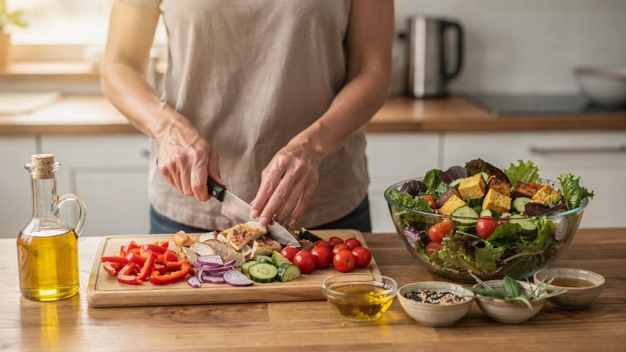 A real-life scene of an adult preparing a simple lunch in a home kitchen: chopping colourful vegetables and adding chicken or tofu to a salad bowl, with olive oil and seeds nearby. Natural light, everyday setting.