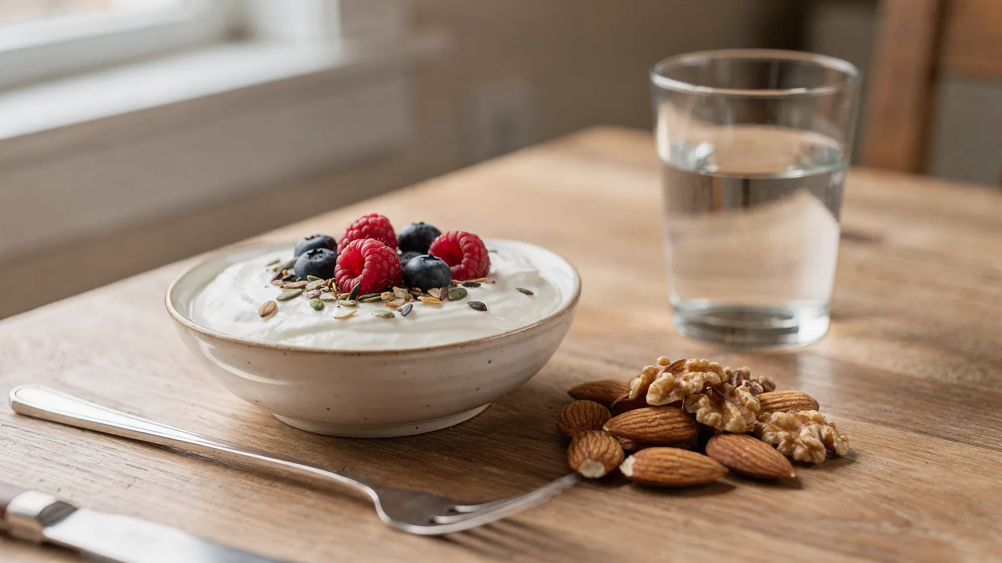 A relatable kitchen table scene with an achievable balanced snack: Greek yoghurt with berries and seeds, a small handful of nuts, and a glass of water. Natural light, everyday crockery, no styling.