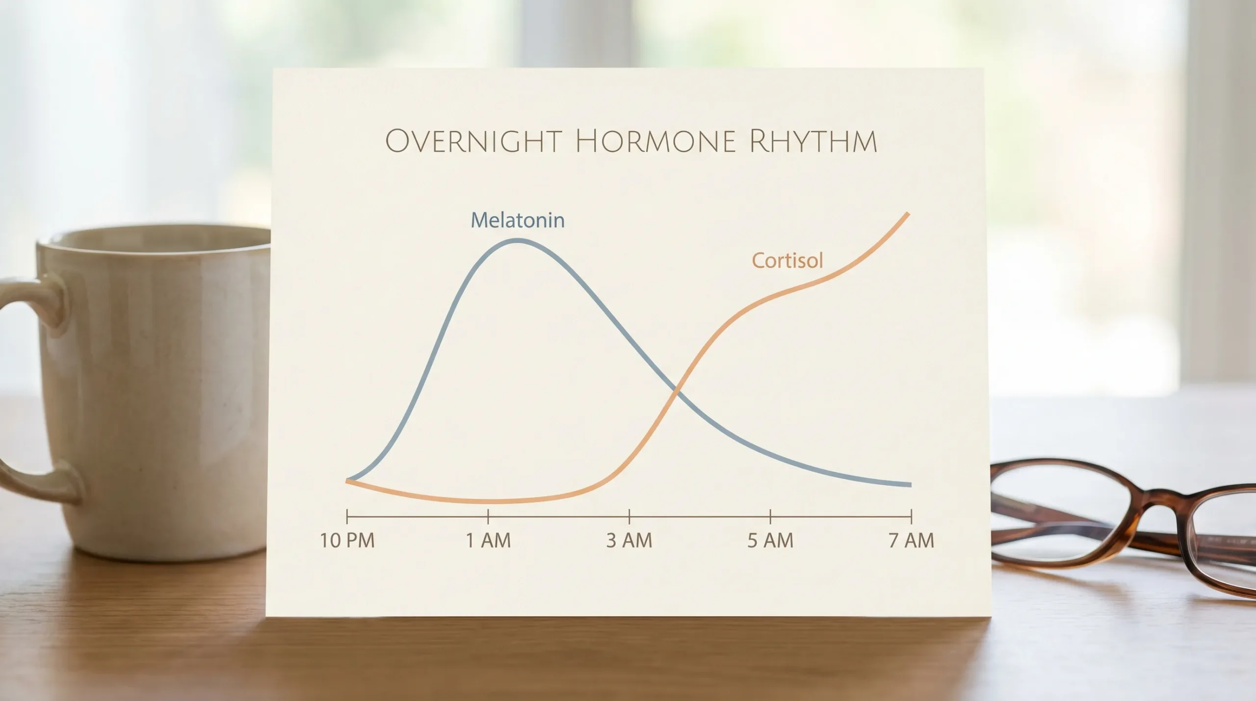 A simple, calming chart showing an overnight timeline from 10pm to 7am with two lines: cortisol gradually rising from around 3am onwards, and melatonin peaking in the early night then slowly declining. Minimal labels and a soft, neutral colour palette.