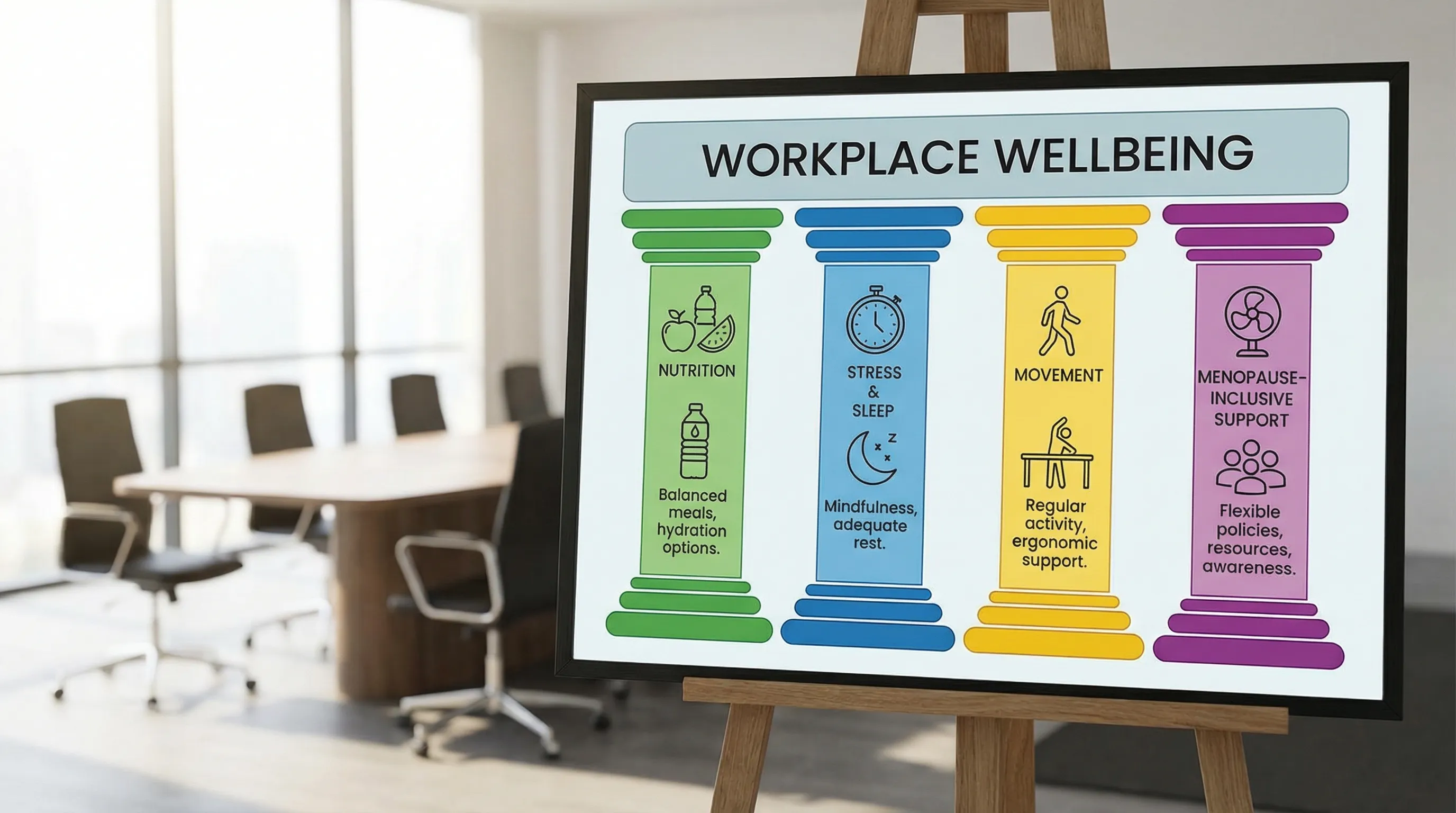 A simple four-pillar diagram for workplace wellbeing showing Nutrition, Stress & Sleep, Movement, and Menopause-Inclusive Support, with brief labels for each pillar.