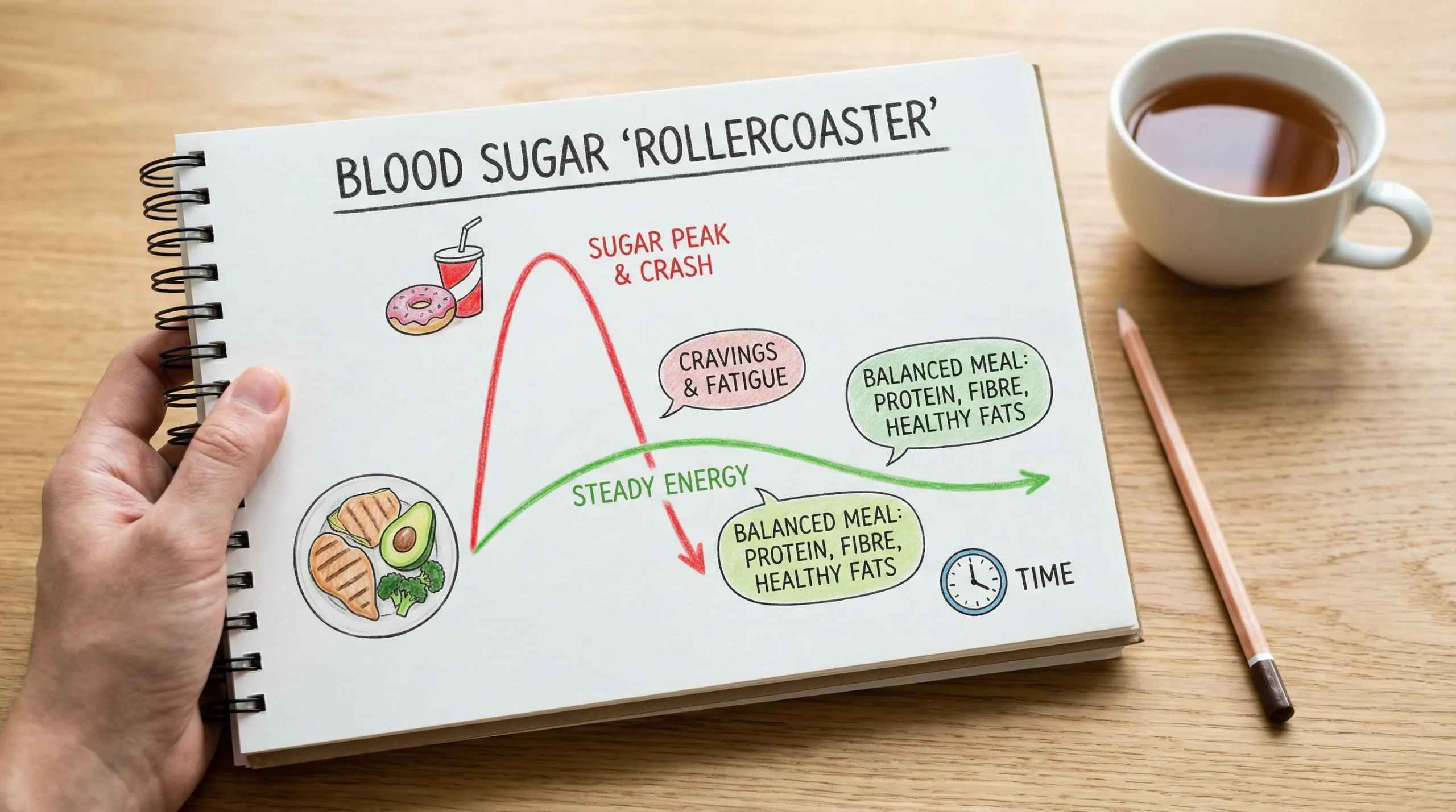 A simple illustration showing a blood sugar “rollercoaster” across a day: a sharp spike after a sugary snack, followed by a crash and strong cravings, contrasted with a steadier curve after a balanced meal with protein, fibre and healthy fats.