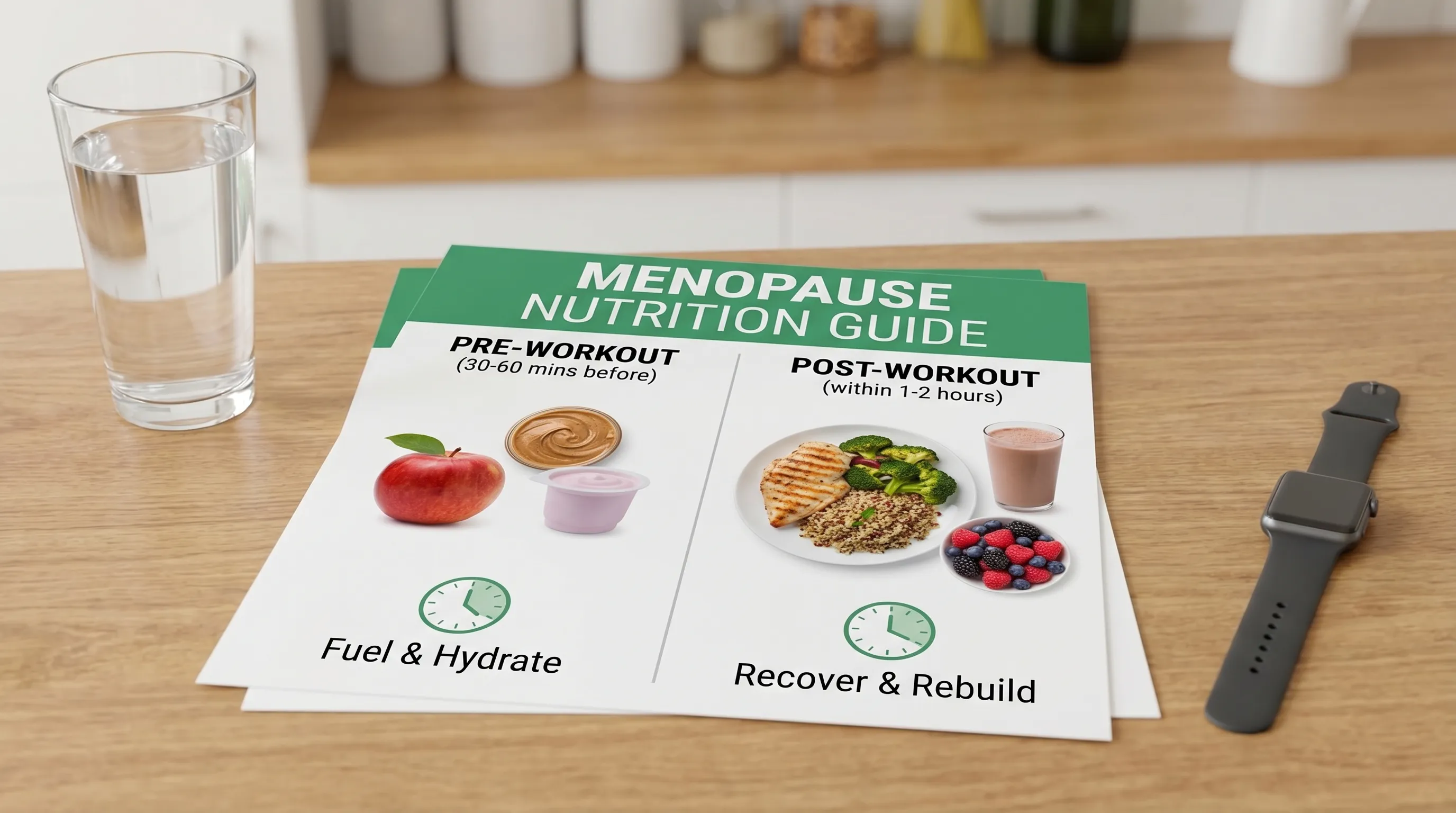 A simple infographic showing pre-workout and post-workout meal timing during menopause, with examples of snacks and balanced plates featuring protein, carbs, colourful veg, and fluids.