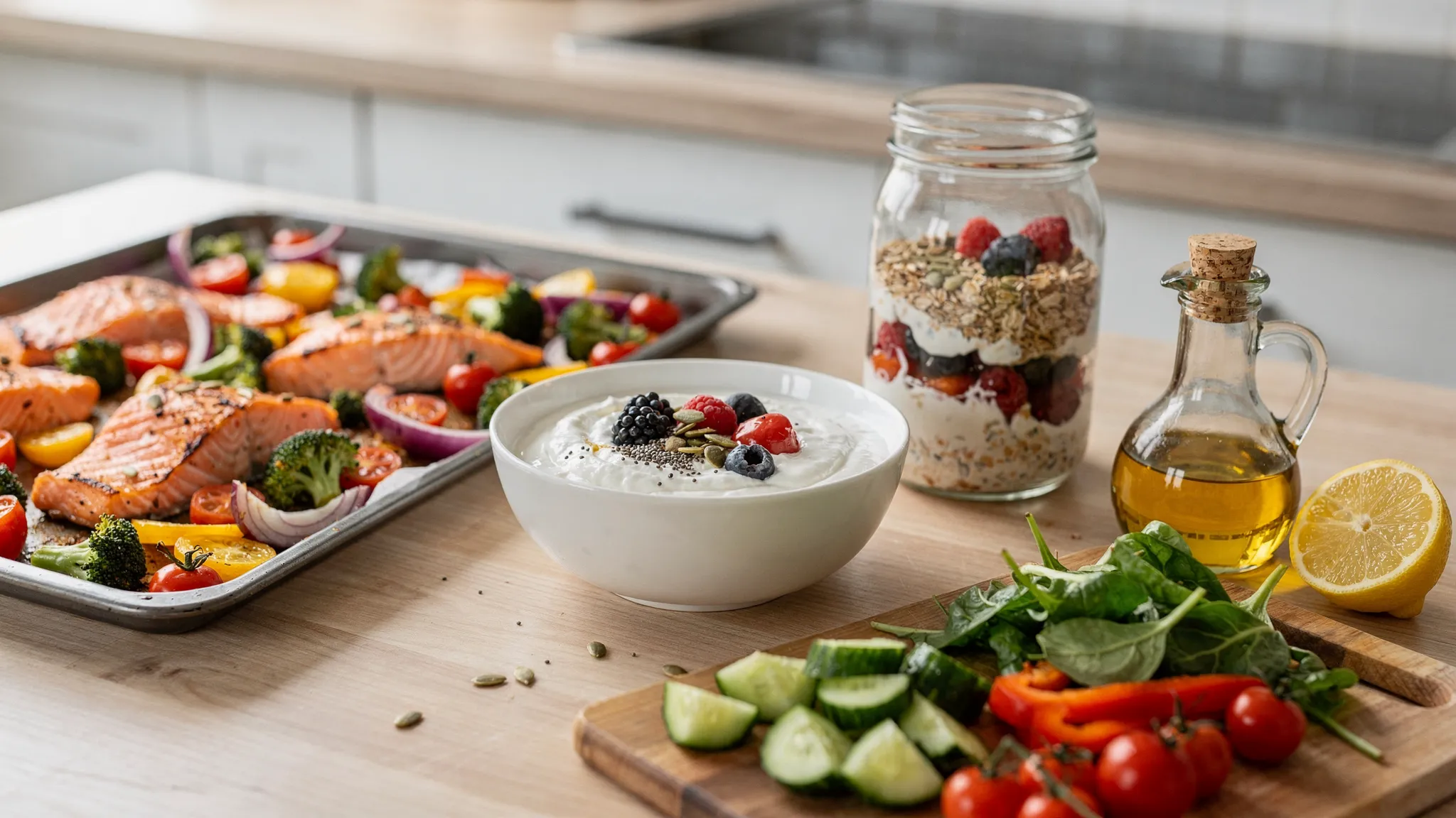 A simple menopause-friendly meal prep scene on a kitchen counter: a bowl of Greek yoghurt with berries and seeds, a salmon and roasted vegetable tray, a jar of overnight oats, and chopped salad vegetables laid out with olive oil and lemon.