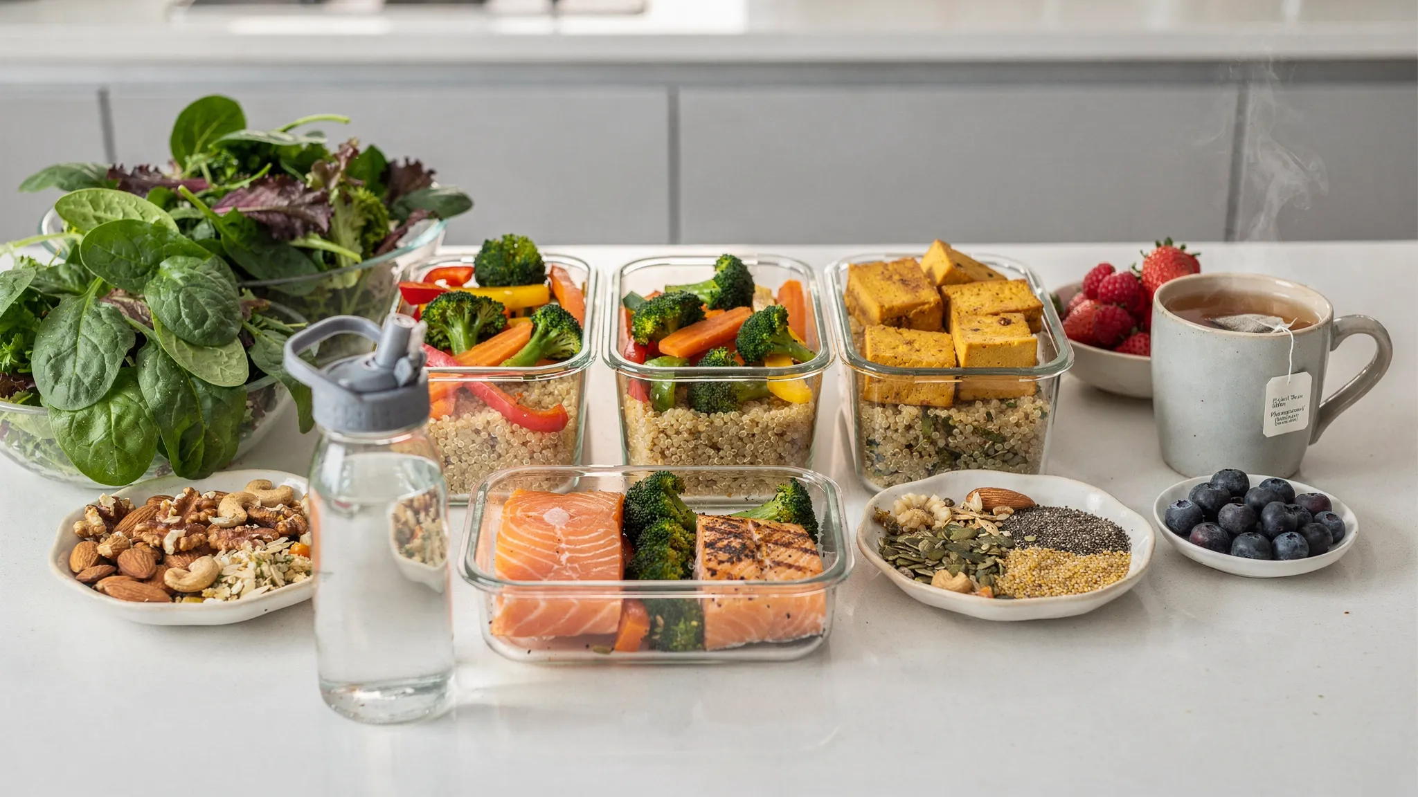 A simple menopause-friendly meal prep setup on a kitchen counter: containers filled with roasted vegetables, cooked quinoa, a protein option (salmon or tofu), leafy greens, berries, nuts and seeds, plus a water bottle and herbal tea.