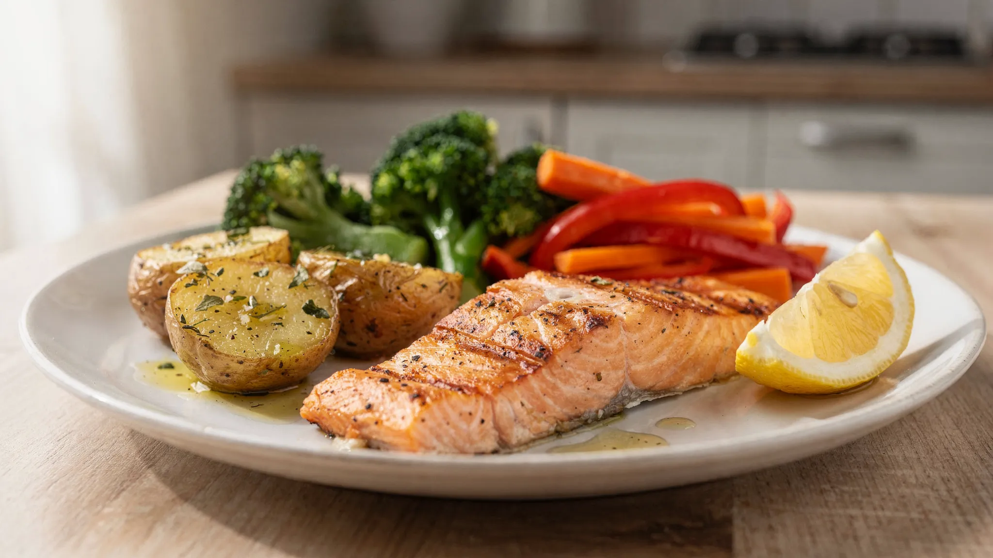 A simple post-workout lunch on a plate: salmon or tofu, new potatoes, and a colourful mix of steamed vegetables with a lemon wedge. Realistic portion, home-cooked feel, bright natural light.