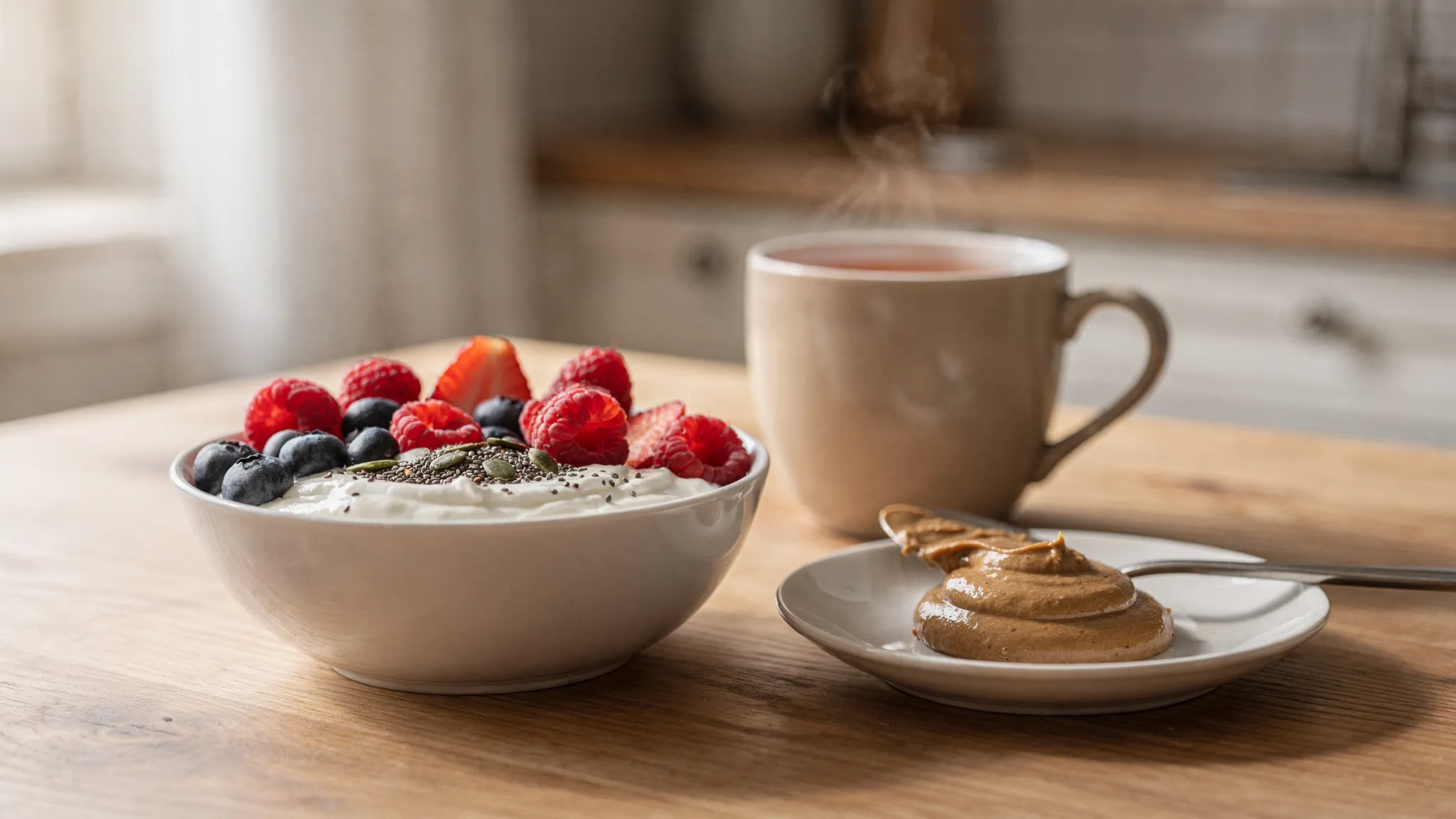 A simple protein-rich breakfast on a kitchen table: a bowl of Greek yoghurt topped with berries and seeds, a spoon of nut butter on the side, and a mug of tea. The scene looks real and achievable, with natural morning light.