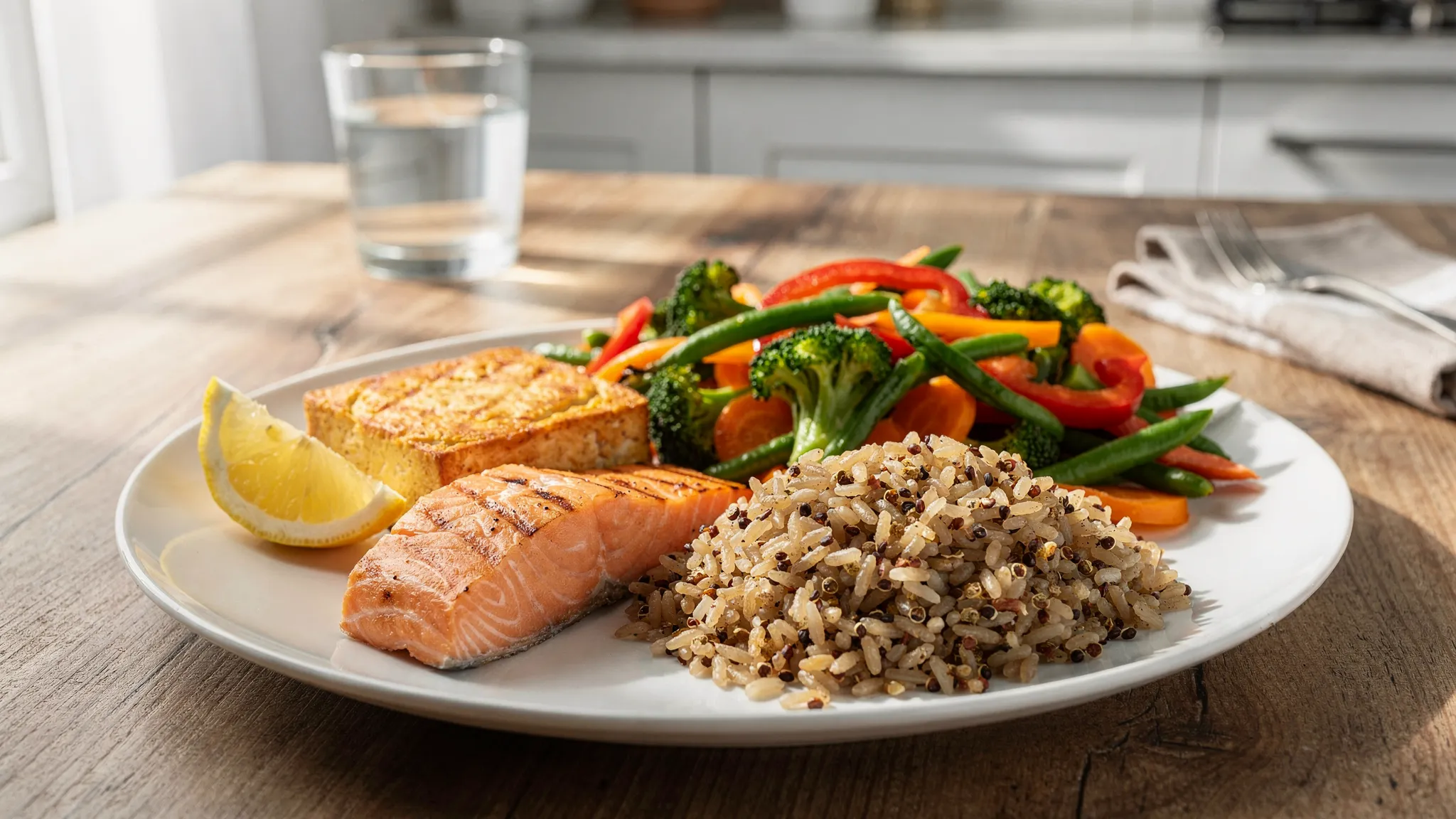 A simple, realistic dinner plate showing grilled salmon or baked tofu, a large portion of mixed vegetables, and a serving of wholegrains like brown rice or quinoa, on a kitchen table with natural light.