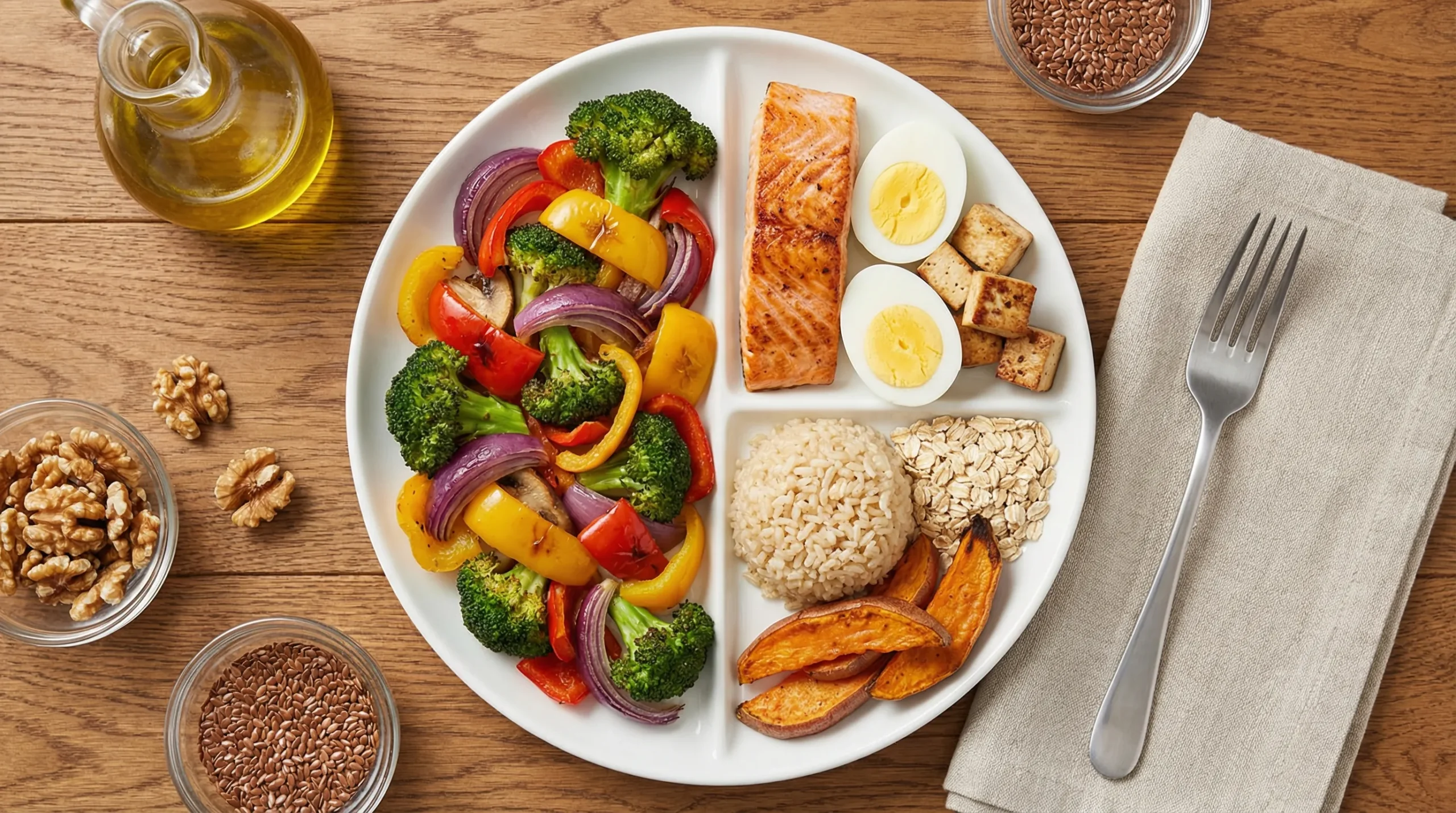 A simple visual of a balanced menopause-friendly plate showing half the plate filled with colourful vegetables, a quarter with protein (fish, eggs, tofu options), and a quarter with smart carbs (oats, potatoes, brown rice), plus small icons for healthy fats like olive oil, nuts and seeds.