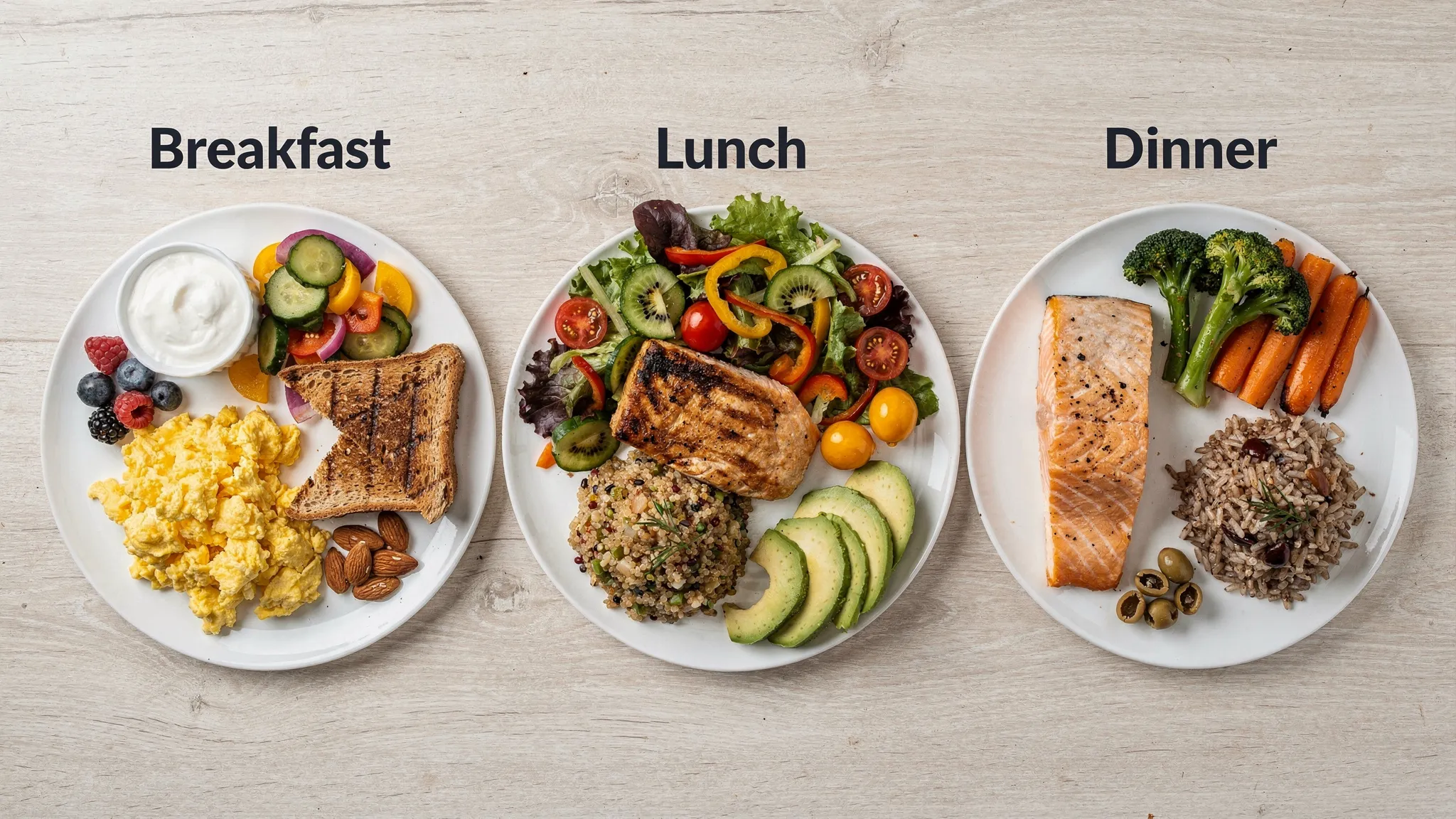A simple visual showing three plates labelled breakfast, lunch and dinner, each built around a protein portion (eggs, yoghurt, tofu, fish, beans), plus colourful vegetables, wholegrains and healthy fats.