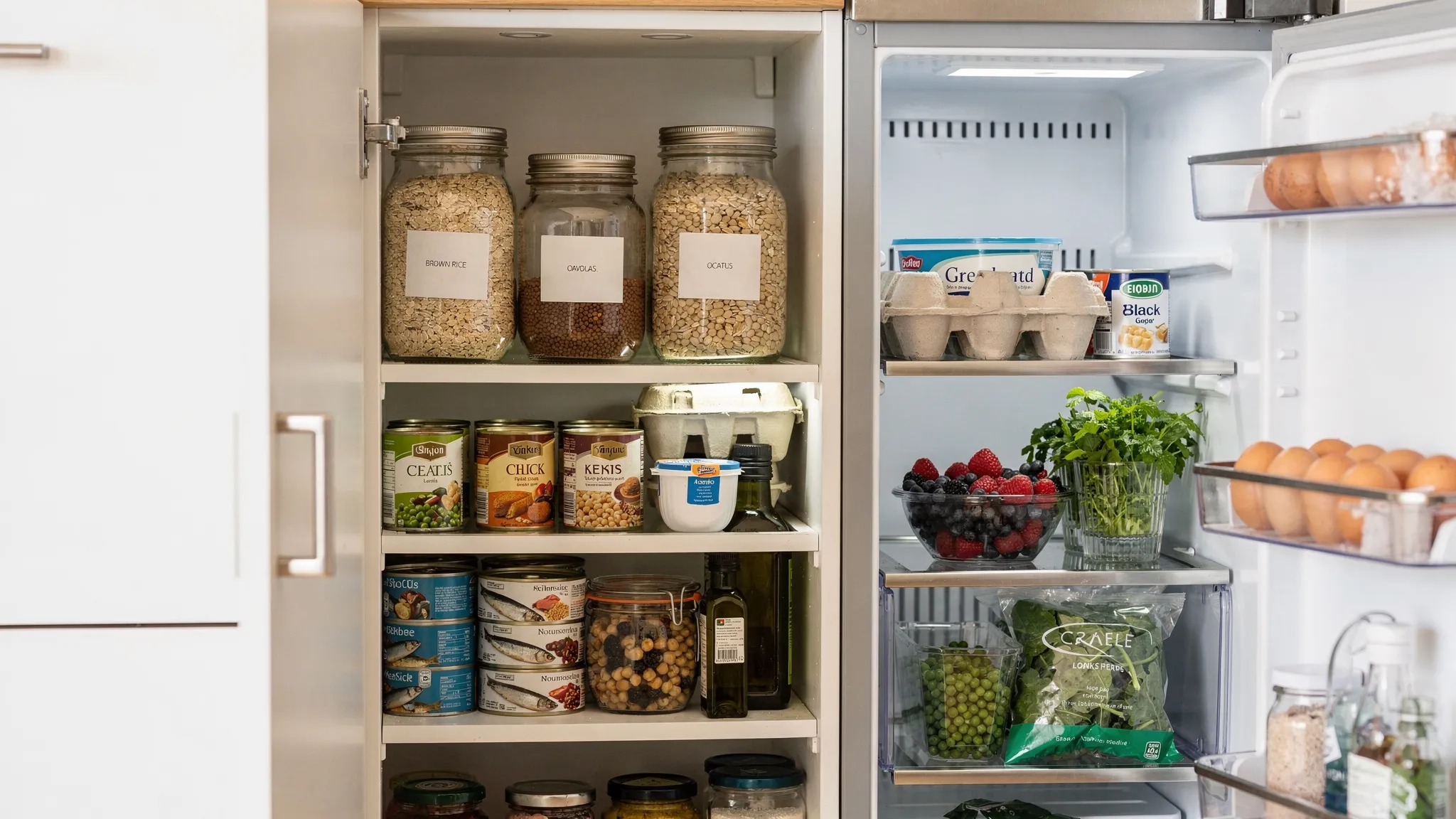 A tidy UK kitchen cupboard and fridge shelf showing staple healthy foods: oats, brown rice, tinned lentils, chickpeas, tinned sardines, olive oil, nuts, frozen peas, spinach, Greek yogurt, eggs, berries, and herbs.