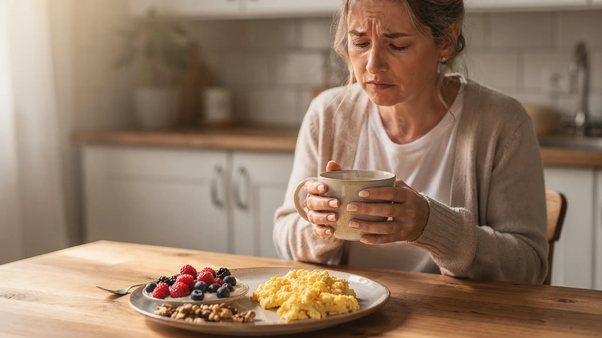 A tired woman in her 40s sitting at a kitchen table in soft morning light with a mug of tea, alongside a simple balanced breakfast plate containing eggs or yoghurt, berries, and nuts. The scene feels calm and realistic, showing everyday perimenopause fatigue and a nourishing food-first approach.