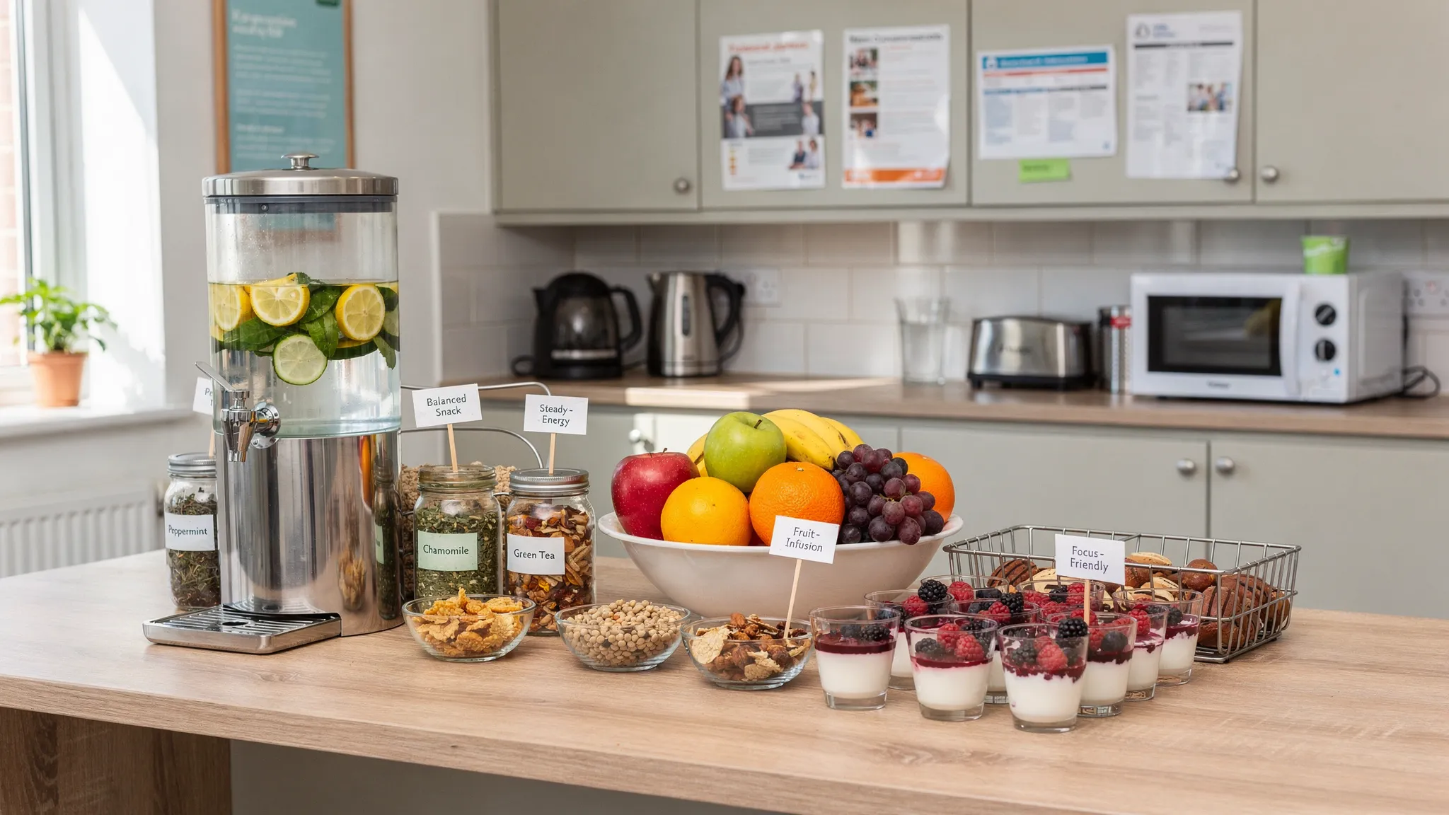 A UK office kitchen or breakout area set up for wellbeing, with a water station, herbal teas, a bowl of fruit, mixed nuts, yoghurt, and clear labels suggesting balanced snack options for steady energy and focus.