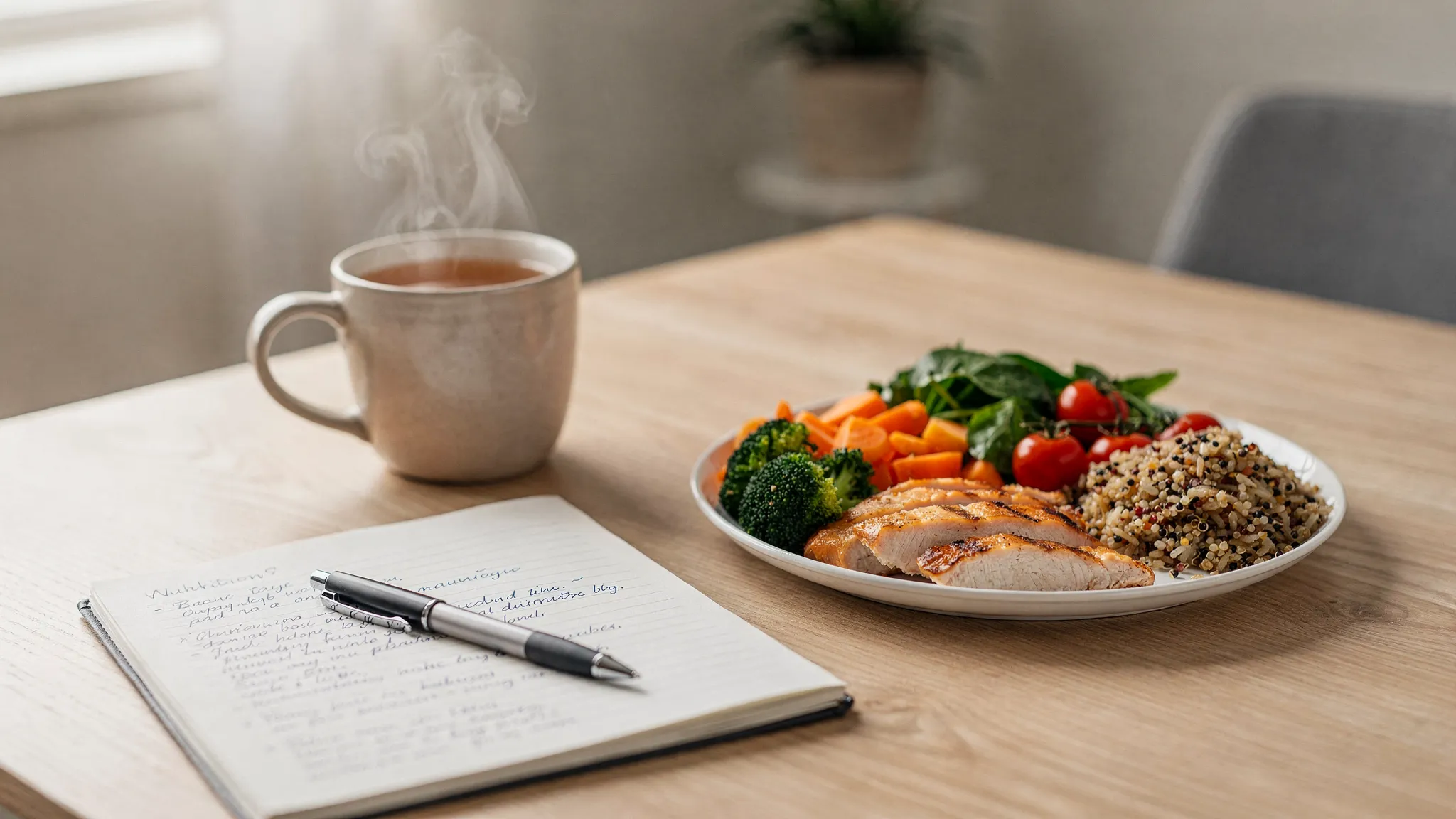 A warm, welcoming nutrition consultation setting with a notebook, a mug of tea, and a colourful plate of balanced food (protein, vegetables, wholegrains) on a table, conveying calm and practical guidance.
