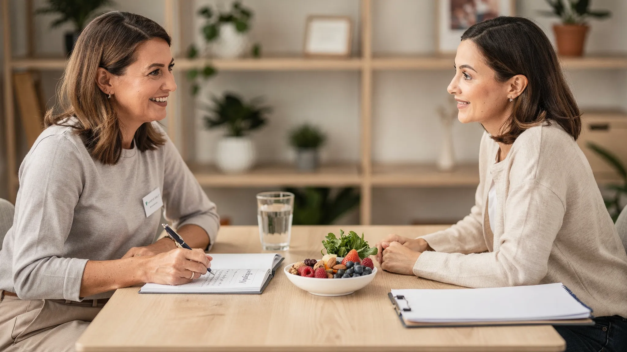 A warm, welcoming nutrition consultation setting with a practitioner and client seated at a table, a notepad and pen for goal-setting, and a small bowl of colourful whole foods like berries, nuts, and leafy greens on the table.