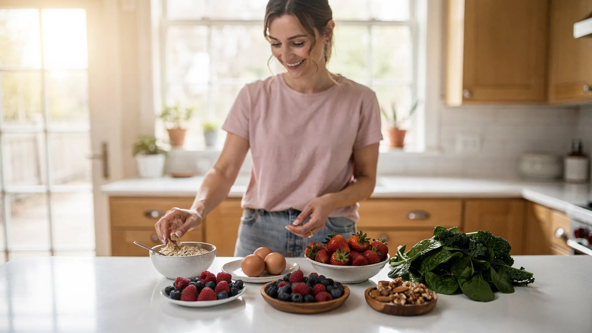 A woman in a bright home kitchen preparing a simple balanced meal with eggs, leafy greens, oats, berries and nuts on the worktop, with a relaxed everyday feel and natural light.