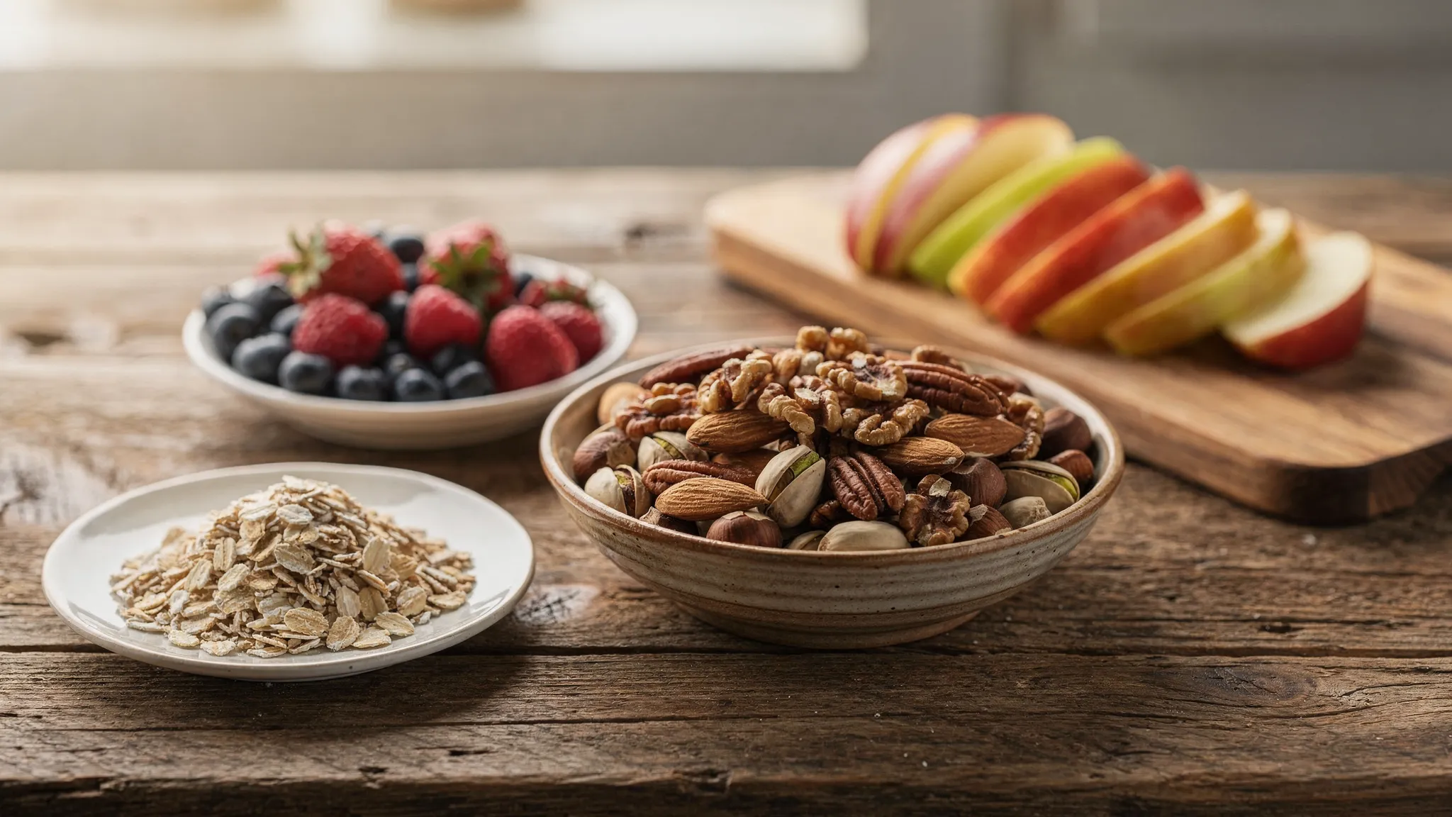 A bowl of mixed unsalted nuts including almonds, walnuts, pistachios, hazelnuts and pecans beside oats, berries and sliced apples on a kitchen table, showing simple heart-friendly snack and breakfast ingredients.