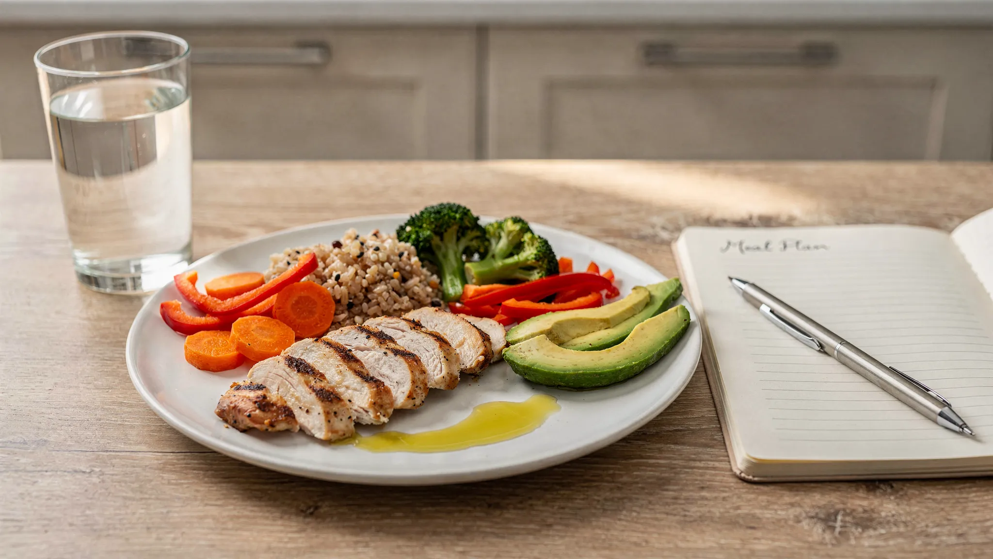 A calm kitchen table with a balanced meal of protein, colourful vegetables, whole grains and healthy fats, alongside a glass of water and a notebook for planning simple meals.