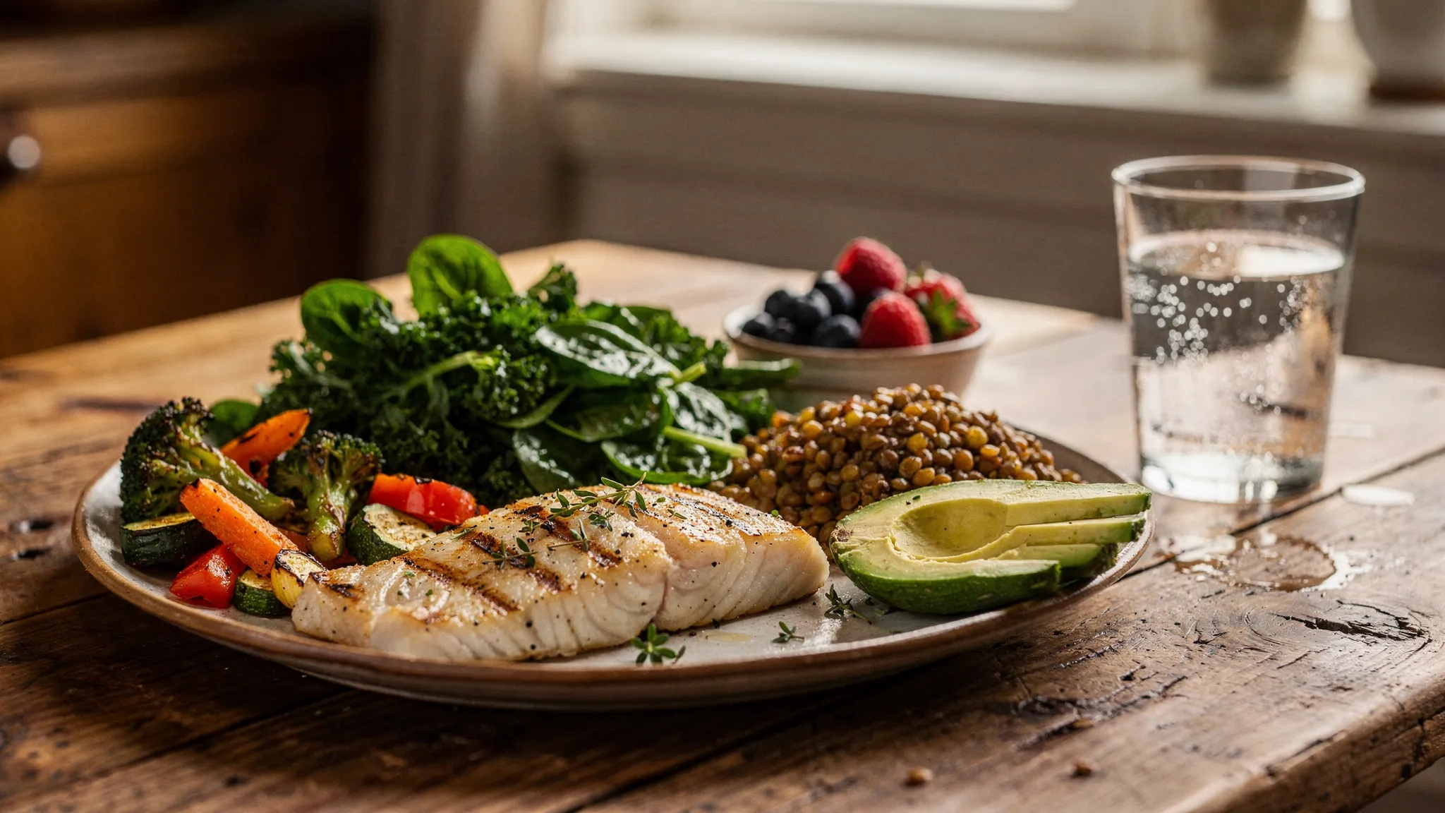 A colourful blood sugar-friendly meal on a rustic kitchen table with roasted vegetables, leafy greens, lentils, grilled fish, avocado, berries and a glass of water in natural light.