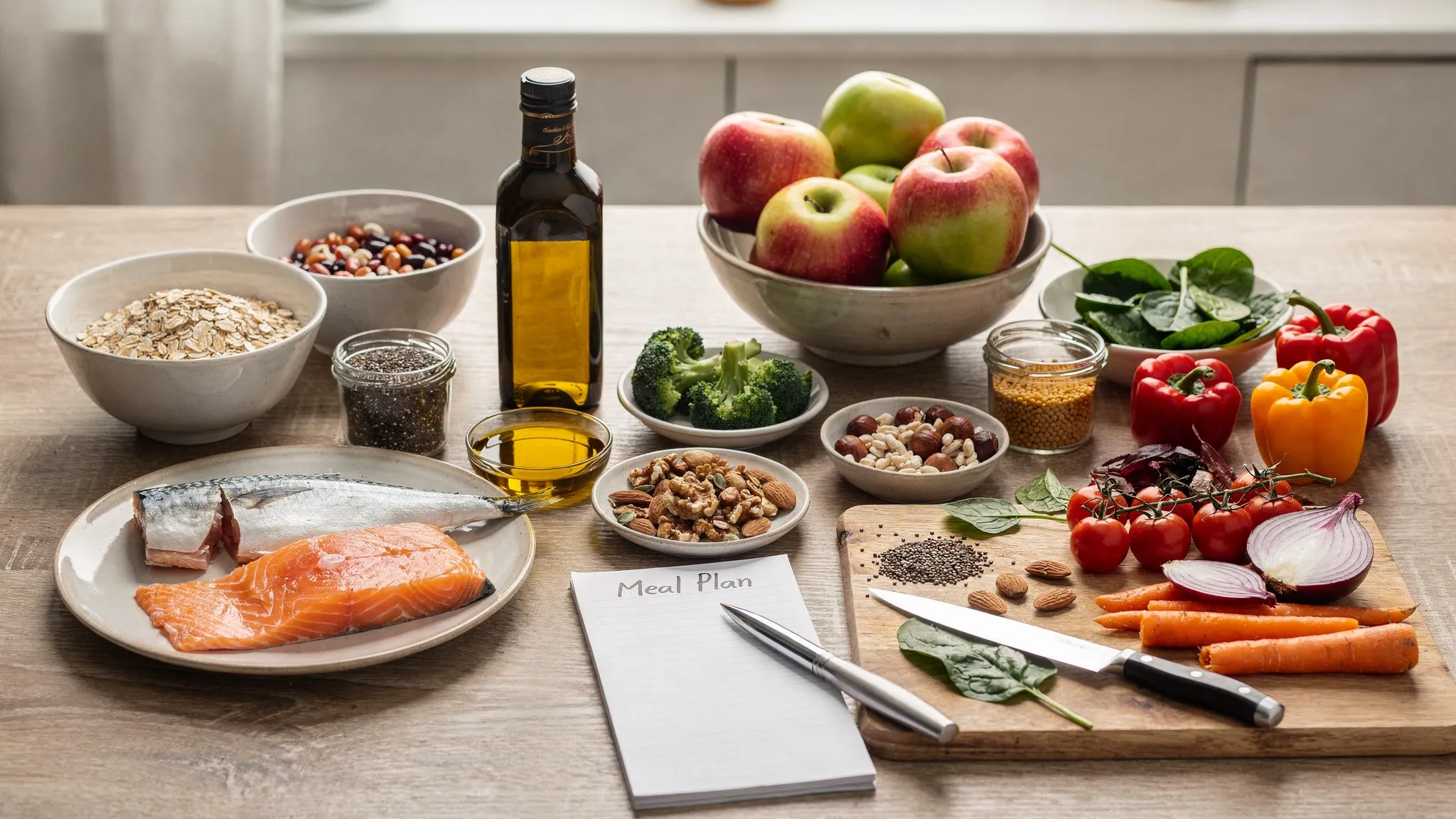 A heart healthy kitchen table with porridge oats, beans, lentils, oily fish, olive oil, apples, nuts, seeds and colourful vegetables laid out for meal planning.