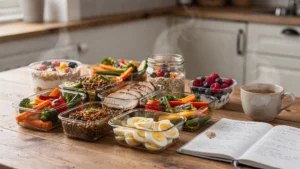A kitchen table with simple balanced meal prep containers, including roasted vegetables, lentils, chicken, boiled eggs, berries, oats and yoghurt, with a notebook and cup of tea nearby. The scene feels relaxed, realistic and home-based.