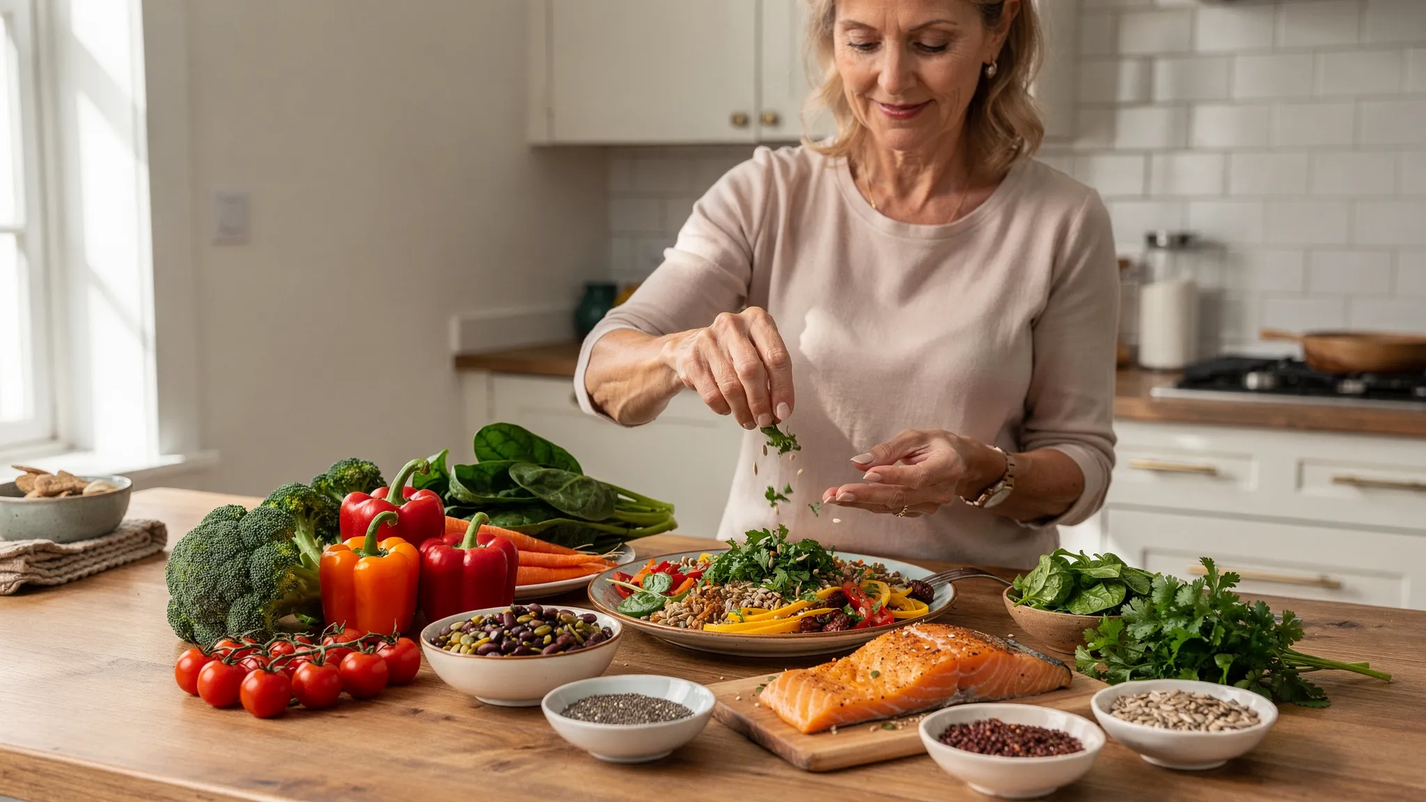 A midlife woman preparing a colourful whole-food meal with vegetables, beans, salmon, seeds and herbs on a kitchen counter, suggesting supportive nutrition during menopause.