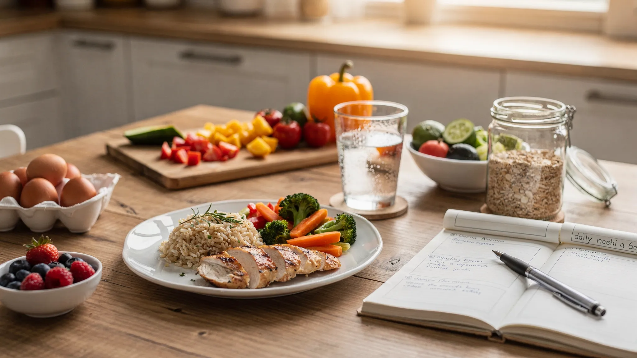 A realistic kitchen table with a balanced homemade meal, a glass of water, a notebook, and everyday ingredients such as eggs, vegetables, oats and berries, creating a warm and relatable weight loss planning scene.