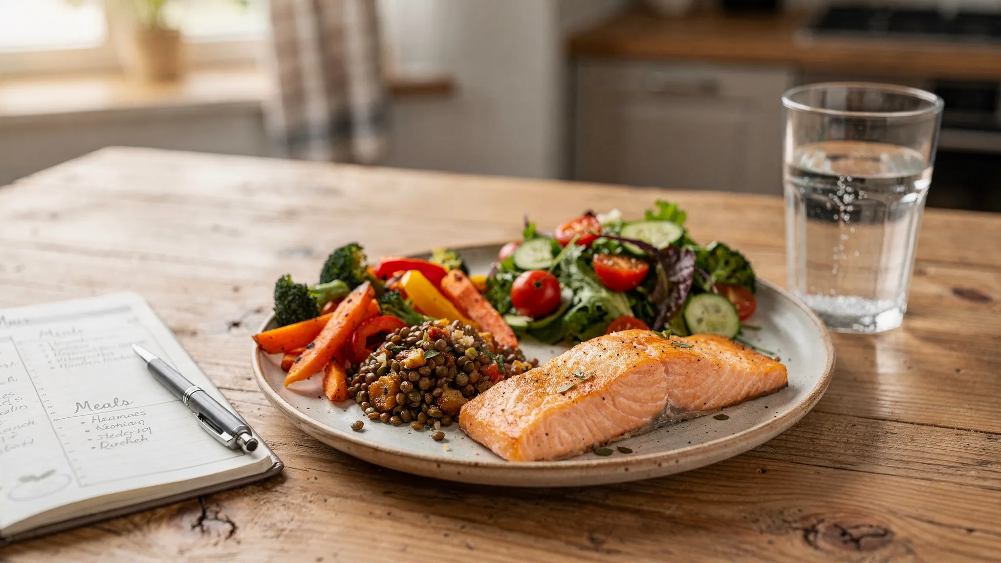 A realistic kitchen table with a balanced meal of salmon, roasted vegetables, lentils and salad, with a glass of water and a notebook nearby for simple meal planning. The scene feels warm, natural and everyday rather than staged.