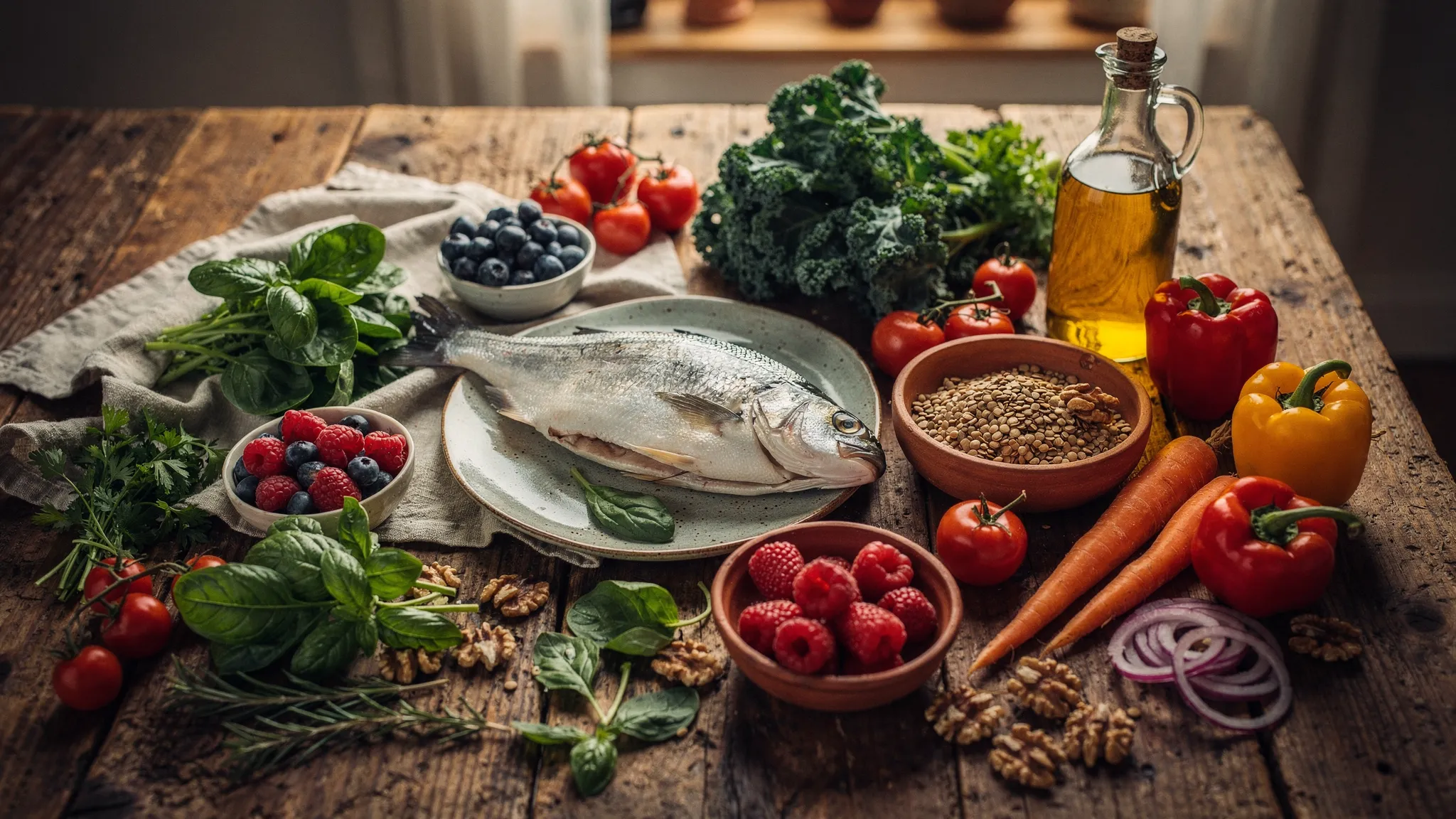 A rustic kitchen table with oily fish, leafy greens, berries, lentils, walnuts, olive oil, herbs and colourful vegetables arranged for an anti-inflammatory meal.